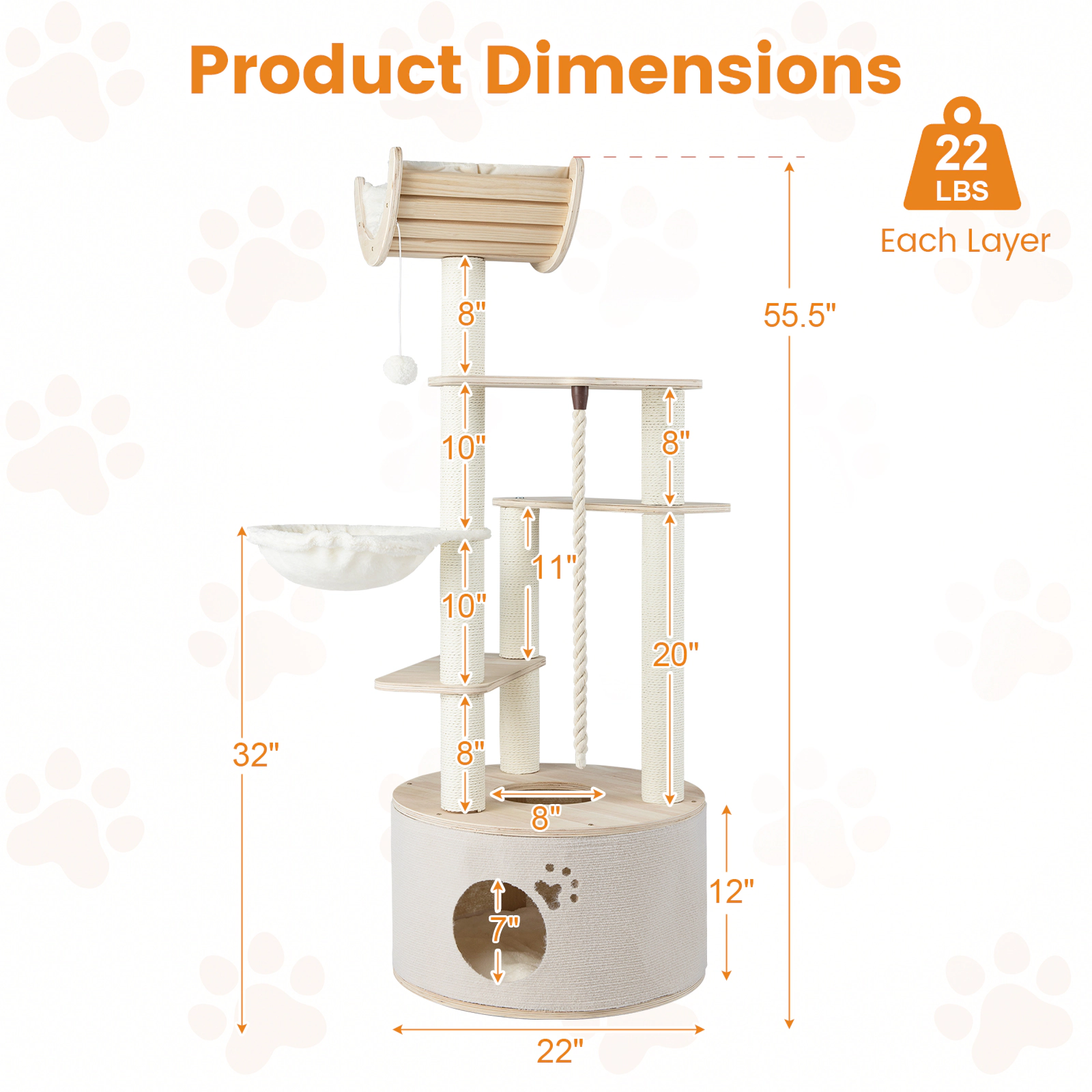 SUGIFT 55.5-in Natural Wooden Cat Tree with Top-Hole Condo Curved Perch Basket and 3 Washable Platforms