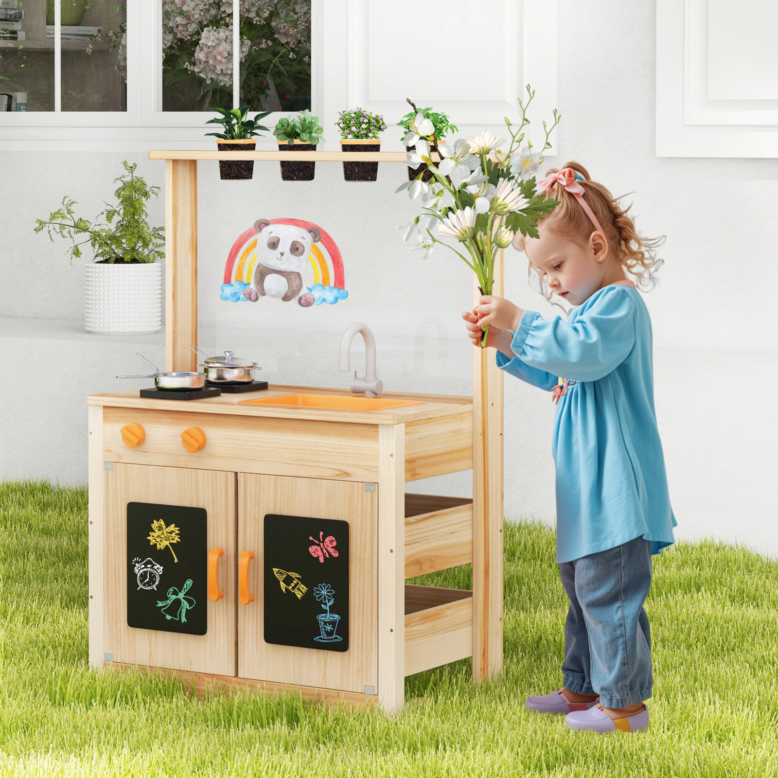 Kids Potting Bench Mud Kitchen 4 Planting Pots Blackboards Chalk 27-in Fir Wood Outdoor Play Kitchen Ages 3+ Natural