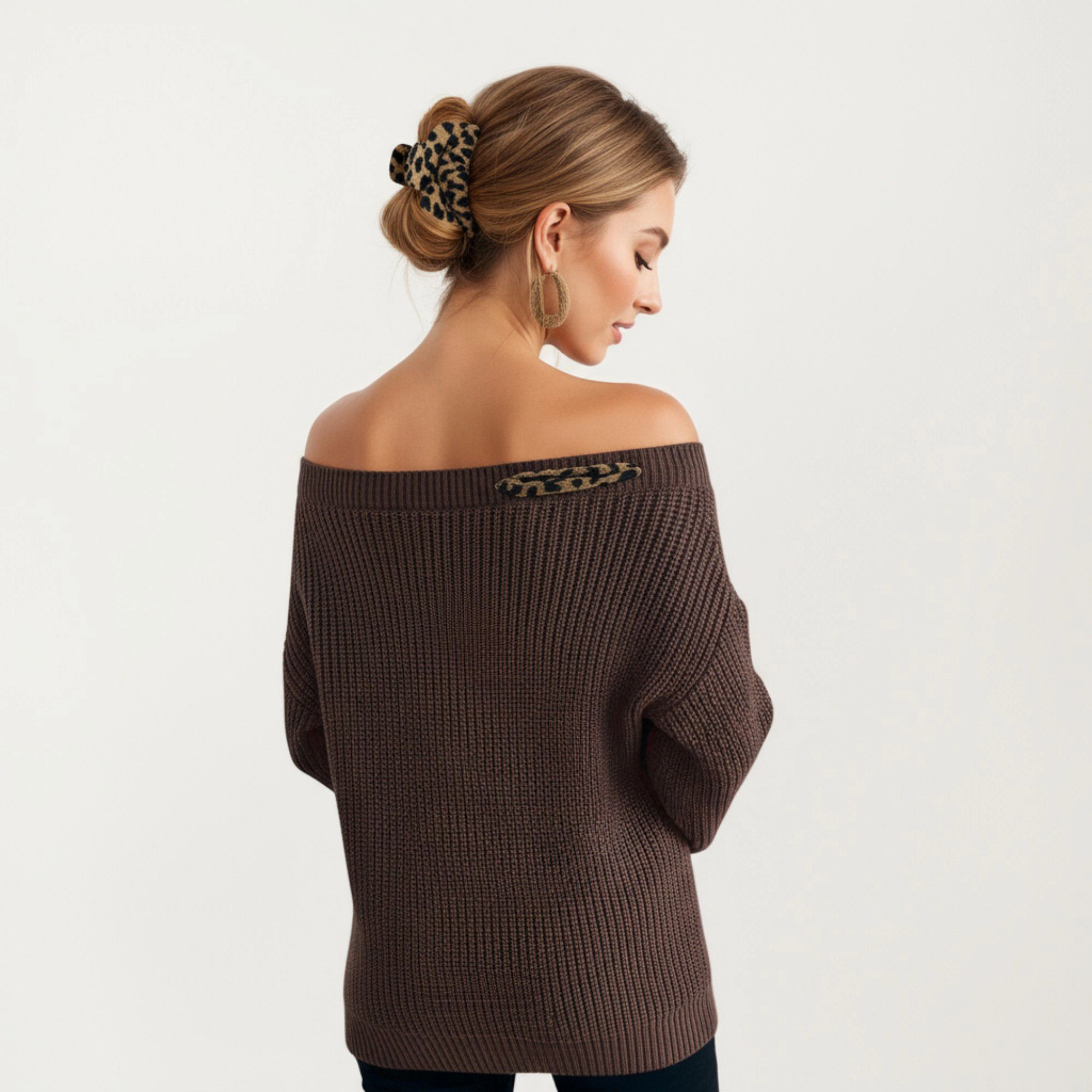 Anna-Kaci Women's Off-Shoulder Knit Sweater with Leopard Print Bow Detail
