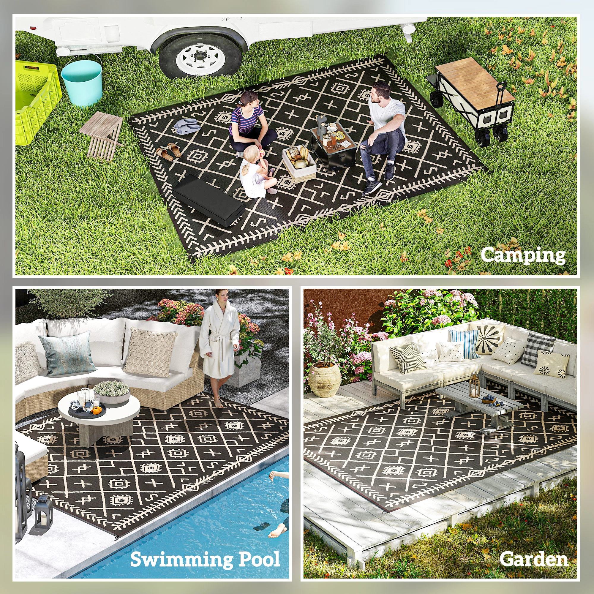 HONGGE Reversible Outdoor Rug, Waterproof Plastic Straw with Carry Bag