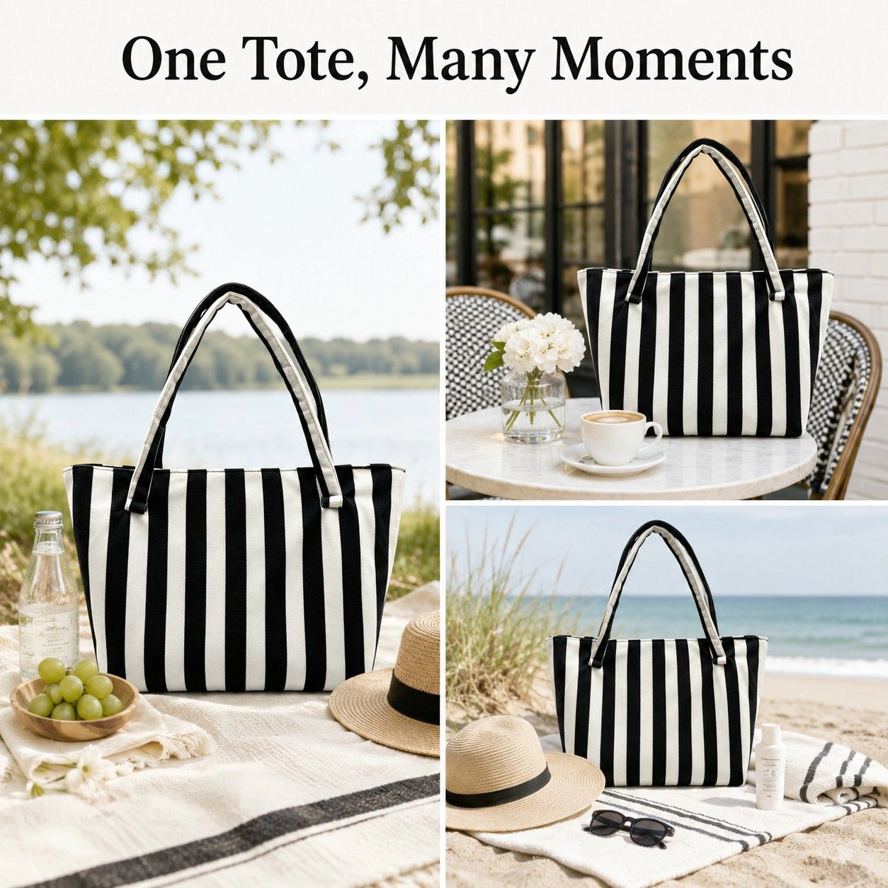 Alilang Women's Striped Terry Cloth Tote Bag Roomy Beach and Travel Shoulder Carryall, Green White Stripe