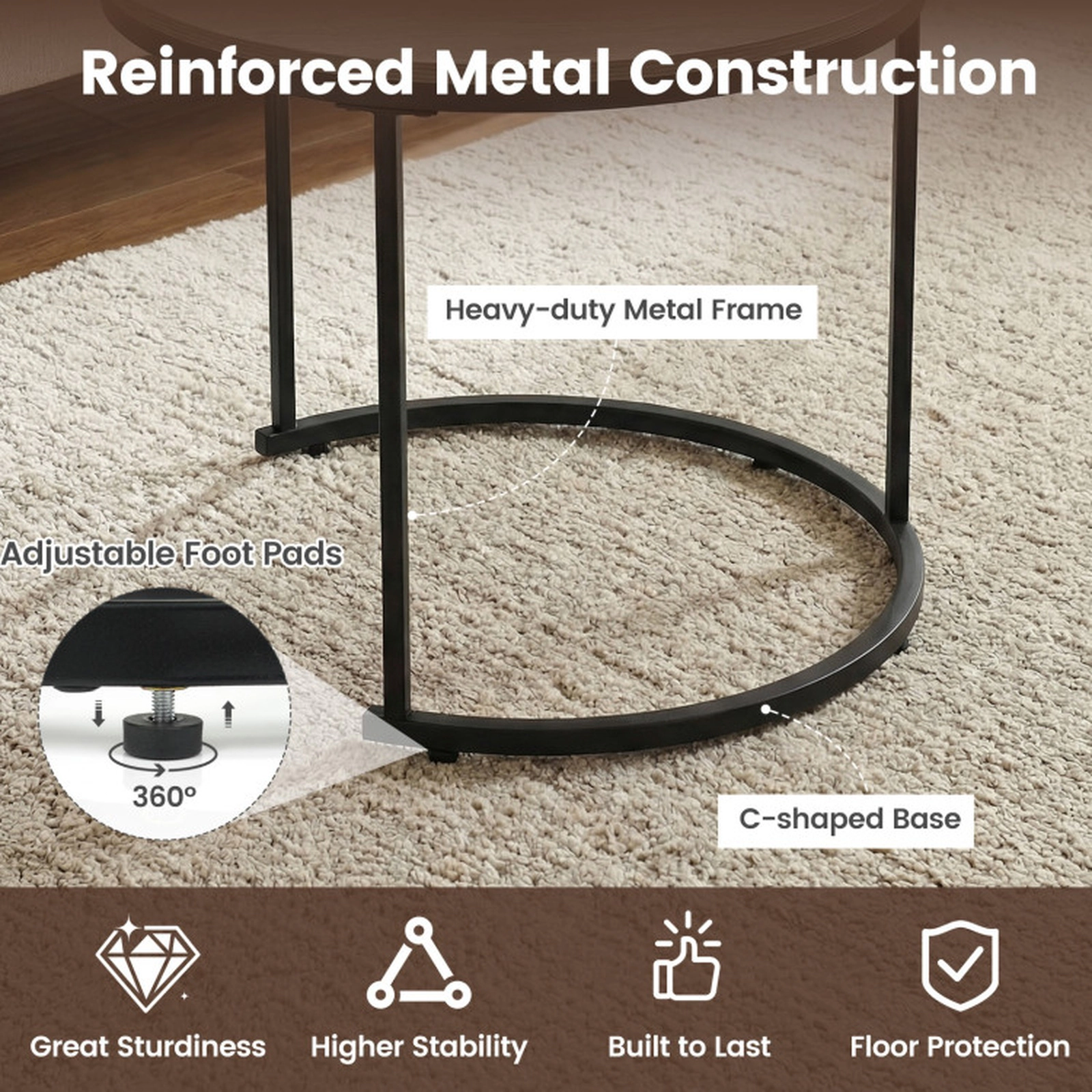 SUGIFT Set of 2 Modern Round Stacking Nesting Coffee Tables with MDF Top and Steel Frame 24-in Table Rustic Brown/Brown