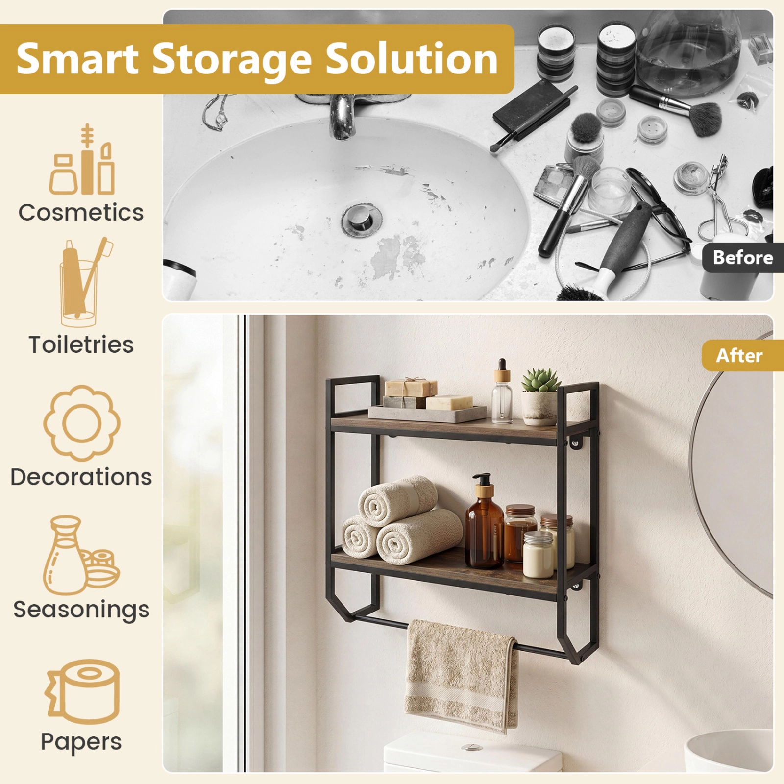 SUGIFT 23-in Gray 2-Tier Waterproof Wall Mounted Over the Toilet Storage Shelf with Round Metal Towel Bar