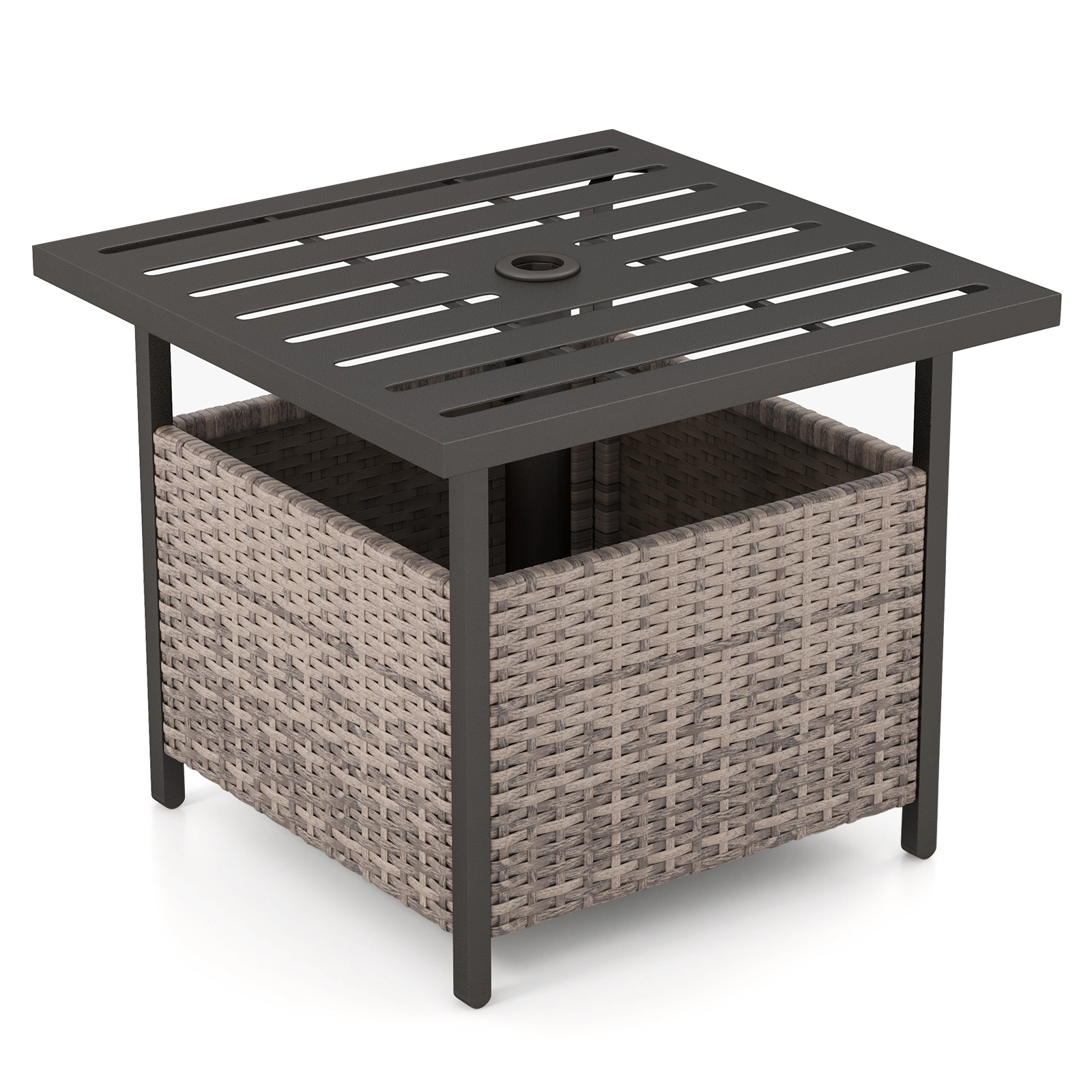 SUGIFT Outdoor Patio Rattan Wicker Steel Side Deck Table with PE Rattan Storage 165-lb Capacity Gray