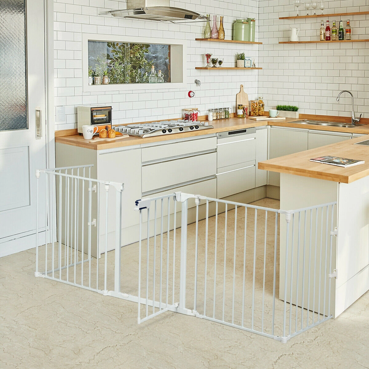 SUGIFT 115 Inch 5 Panel Adjustable Baby Gate White Wide Fireplace Fence