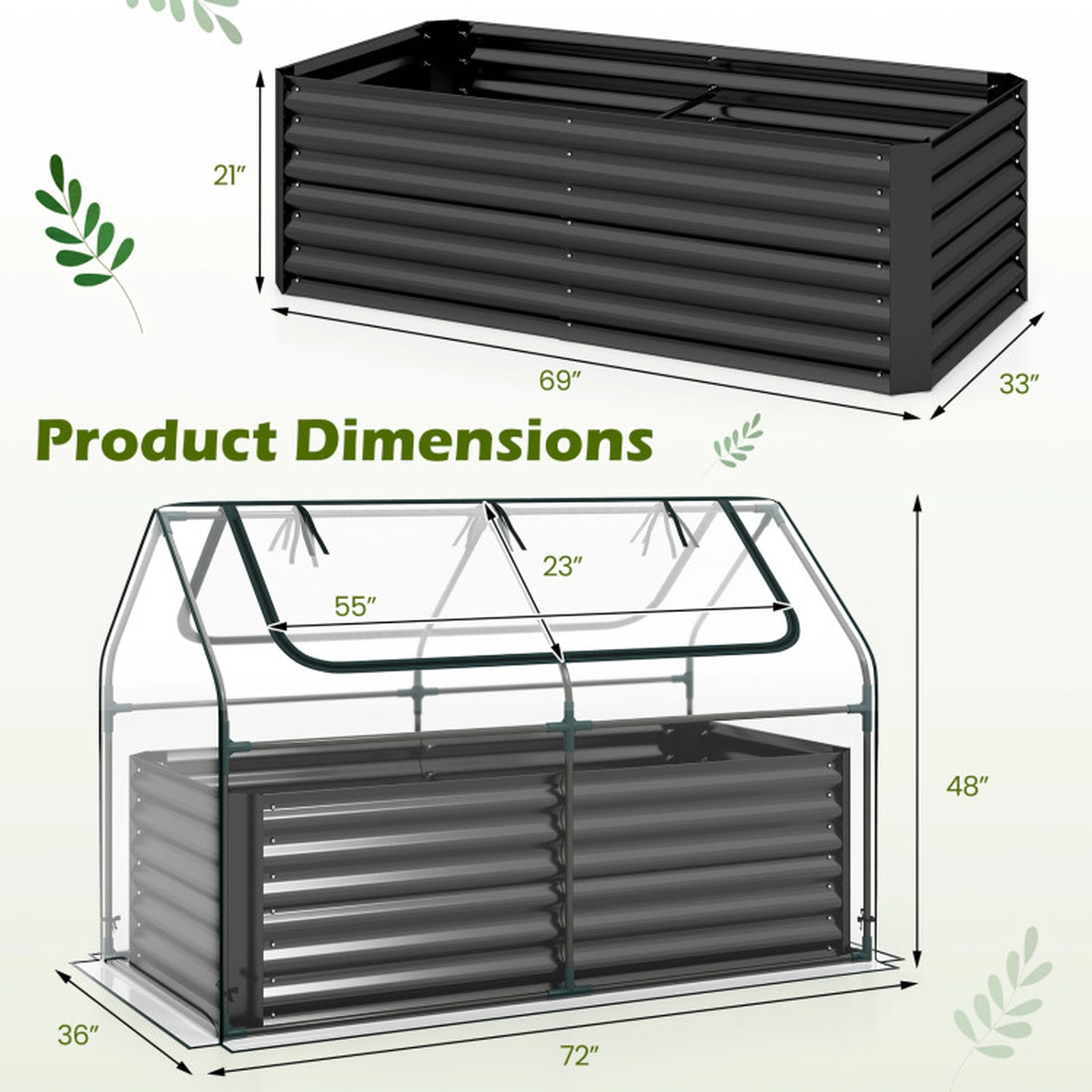 SUGIFT Galvanized Raised Garden Bed with Mini Greenhouse Cover Outdoor Planter Black + Clear/Silver + Clear