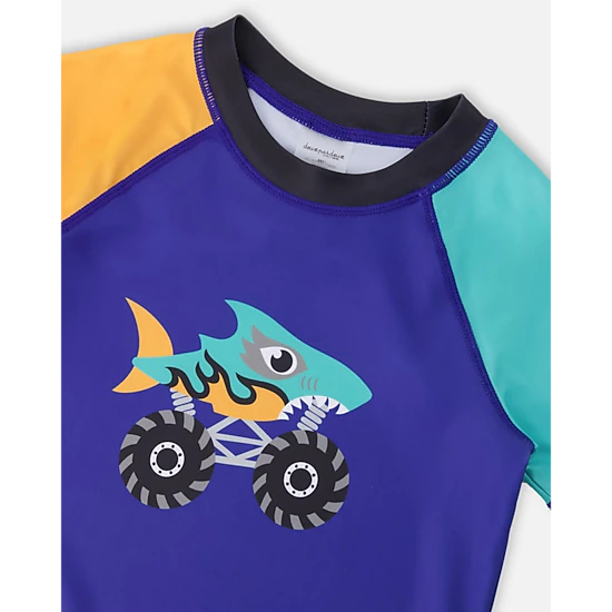 Deux par Deux Boys Shark Monster Truck Graphic Contrast Panel Short Sleeve Rashguard