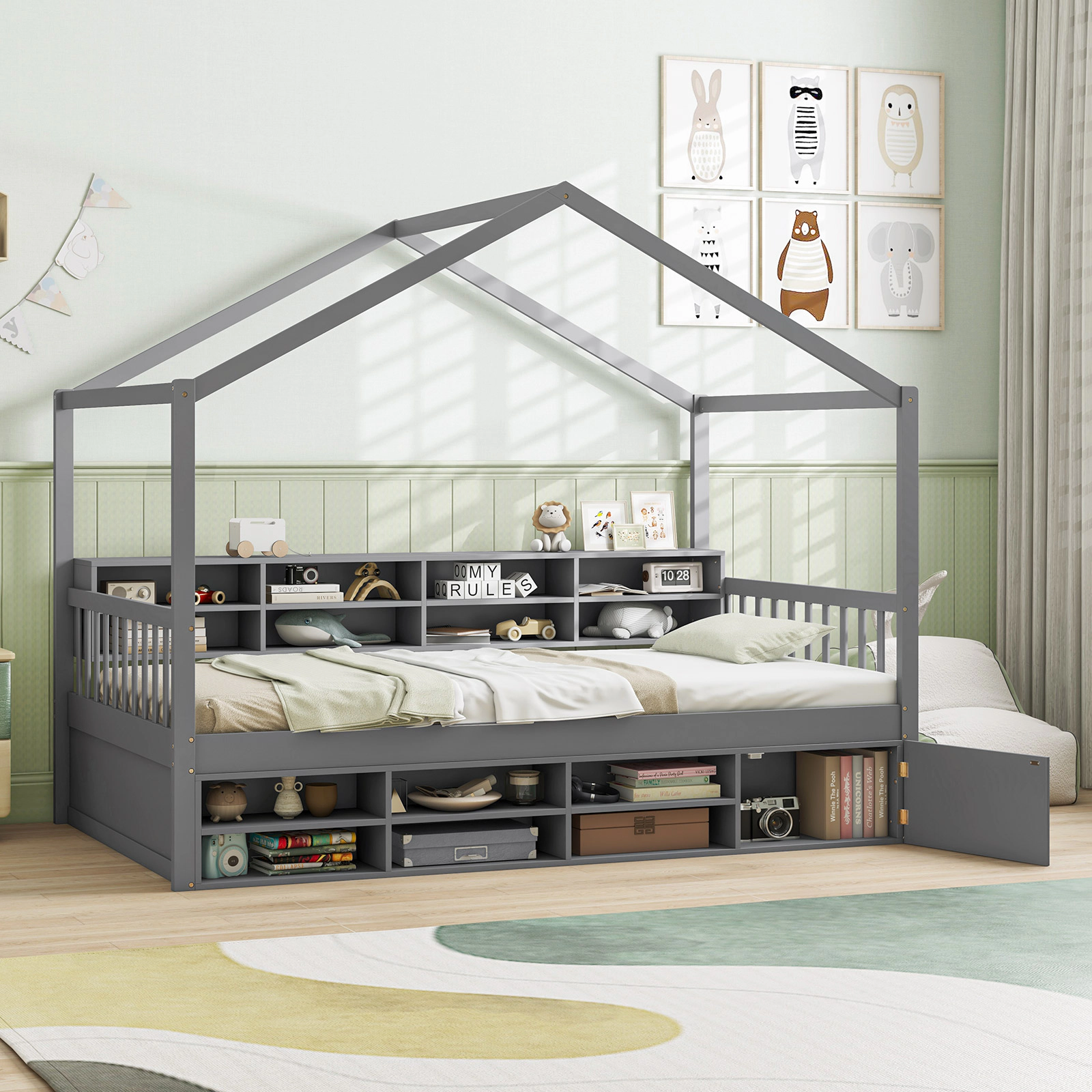SUGIFT Twin House Bed with Roof, 14 Storage Cubes, Cabinet and Guardrails, Gray/White