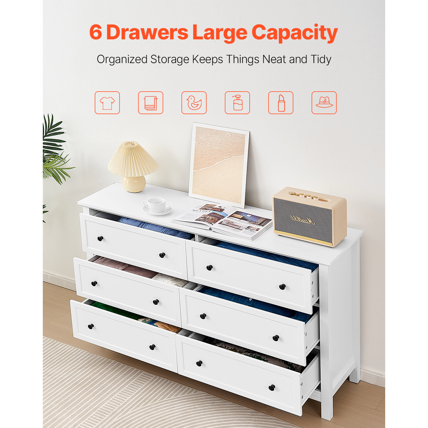 HONGGE 6-Drawer White Dresser & TV Stand with Anti-Tip Device, 150 lb Capacity Retro Minimalist Storage Chest