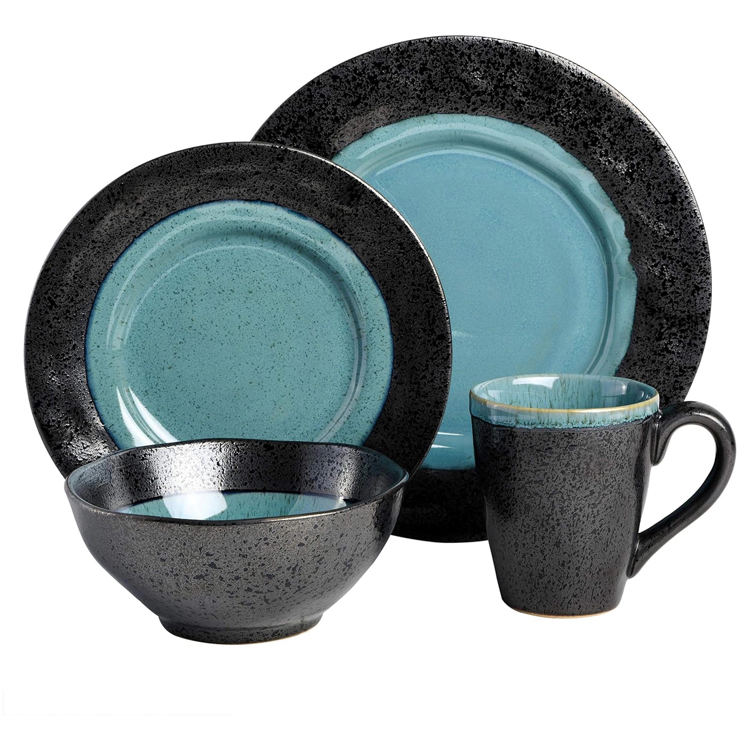 Gibson Elite Dragonstone 16 Piece Stoneware Reactive Glaze Dinnerware Set in Aqua