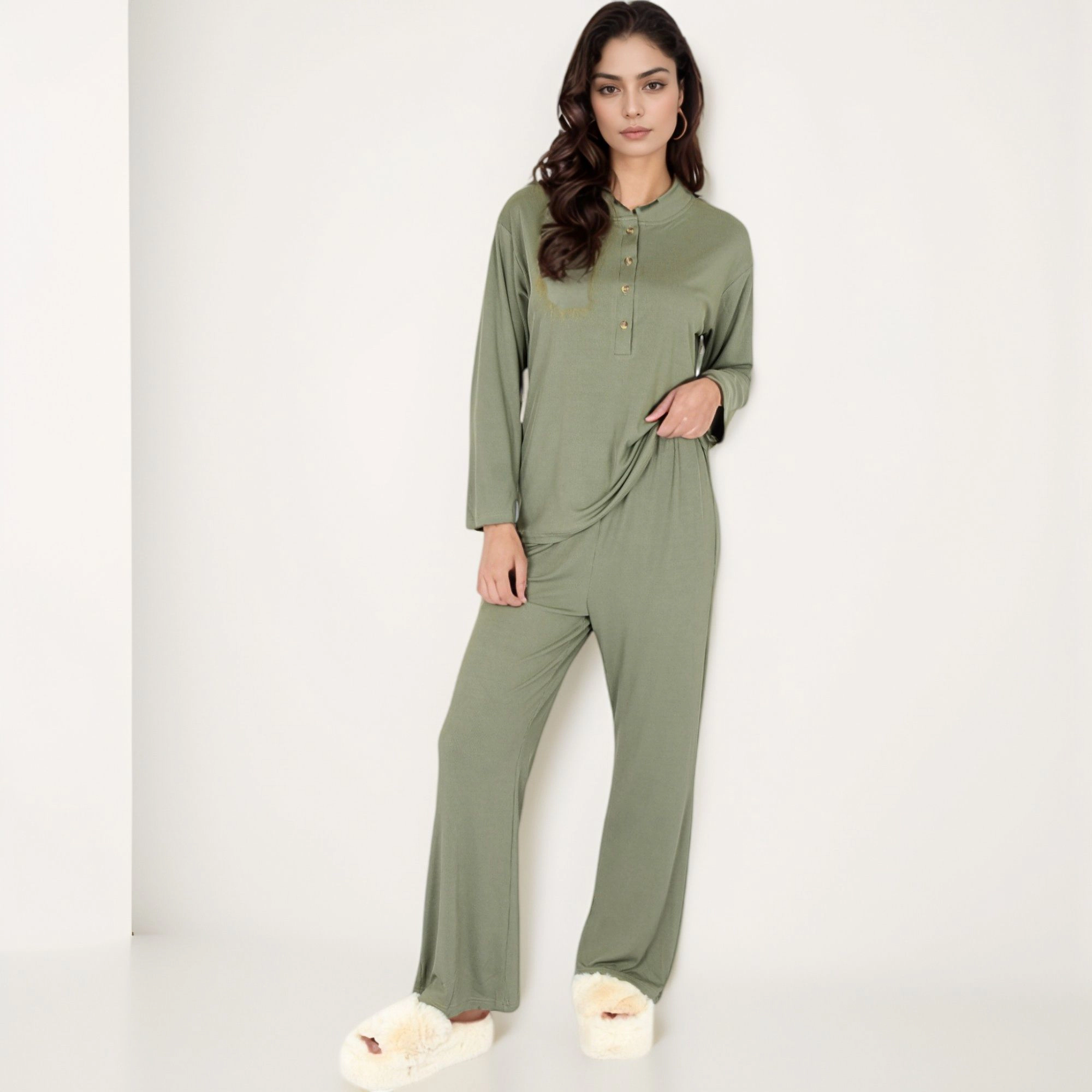 Anna-Kaci Women's Henley Pajama Set with Long Sleeve Button Front Top Relaxed Fit and Full-Length Stretch Lounge Pants