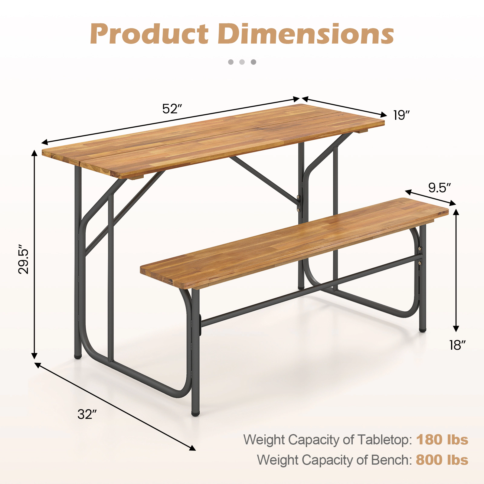SUGIFT One-Side Picnic Table Bench Set for 2 Acacia Wood Patio Table with Metal Frame