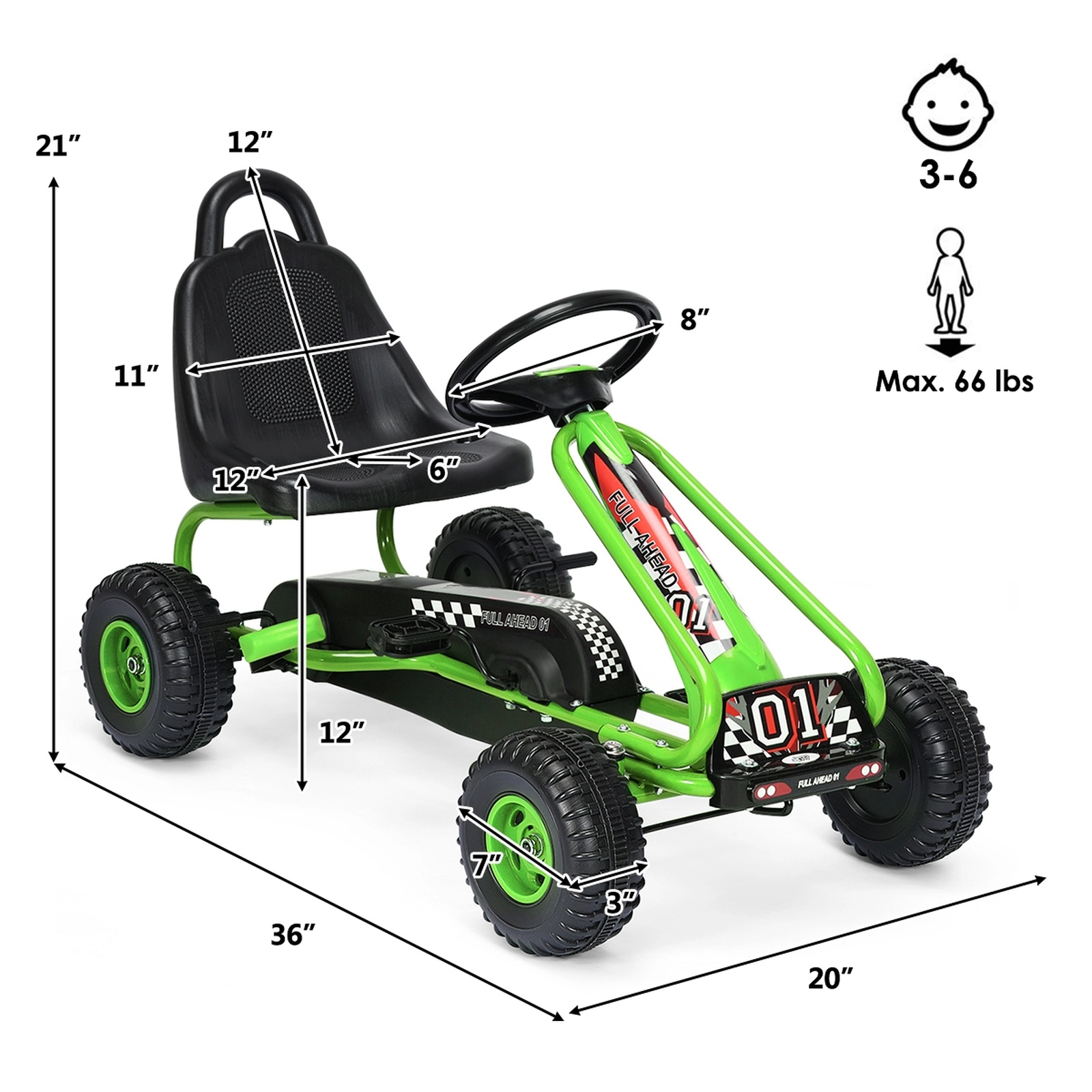 SUGIFT 4-Wheel Pedal Powered Ride-On Go Kart with Adjustable 2-Position Seat 66-lb Capacity Ages 3-6 36-in Frame Green