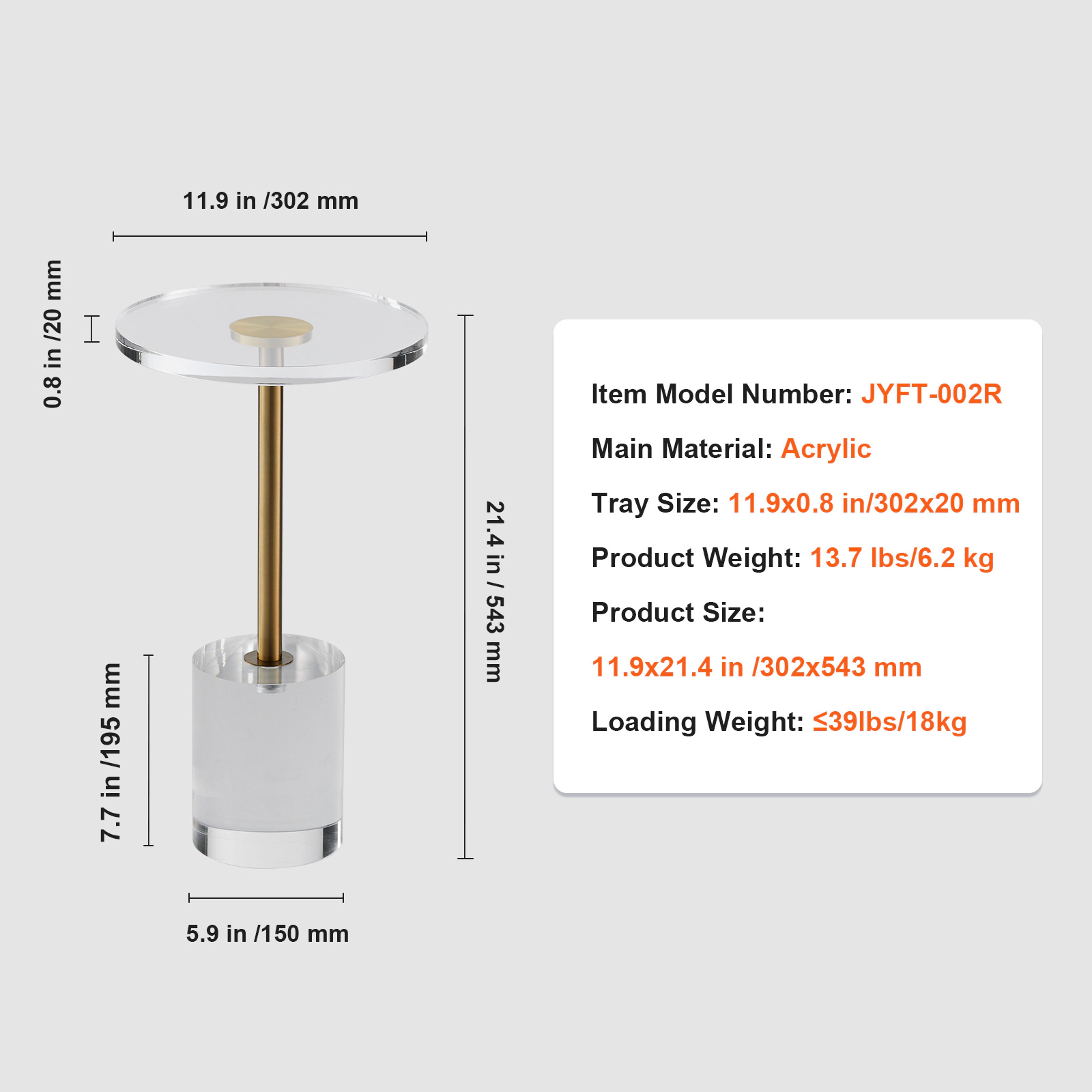 HONGGE Acrylic Table Acrylic End Table Clear Acrylic Side Table for Drink Food Snack used in Living Room Bedroom and