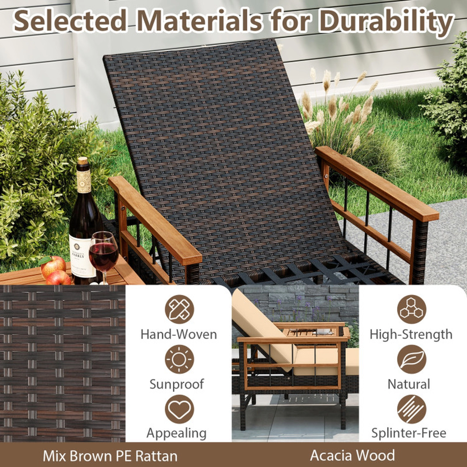 SUGIFT 4-Level Adjustable Patio Rattan Chaise Lounge with Cushions 400-lb Capacity Mix Brown Rattan Beige Cushions
