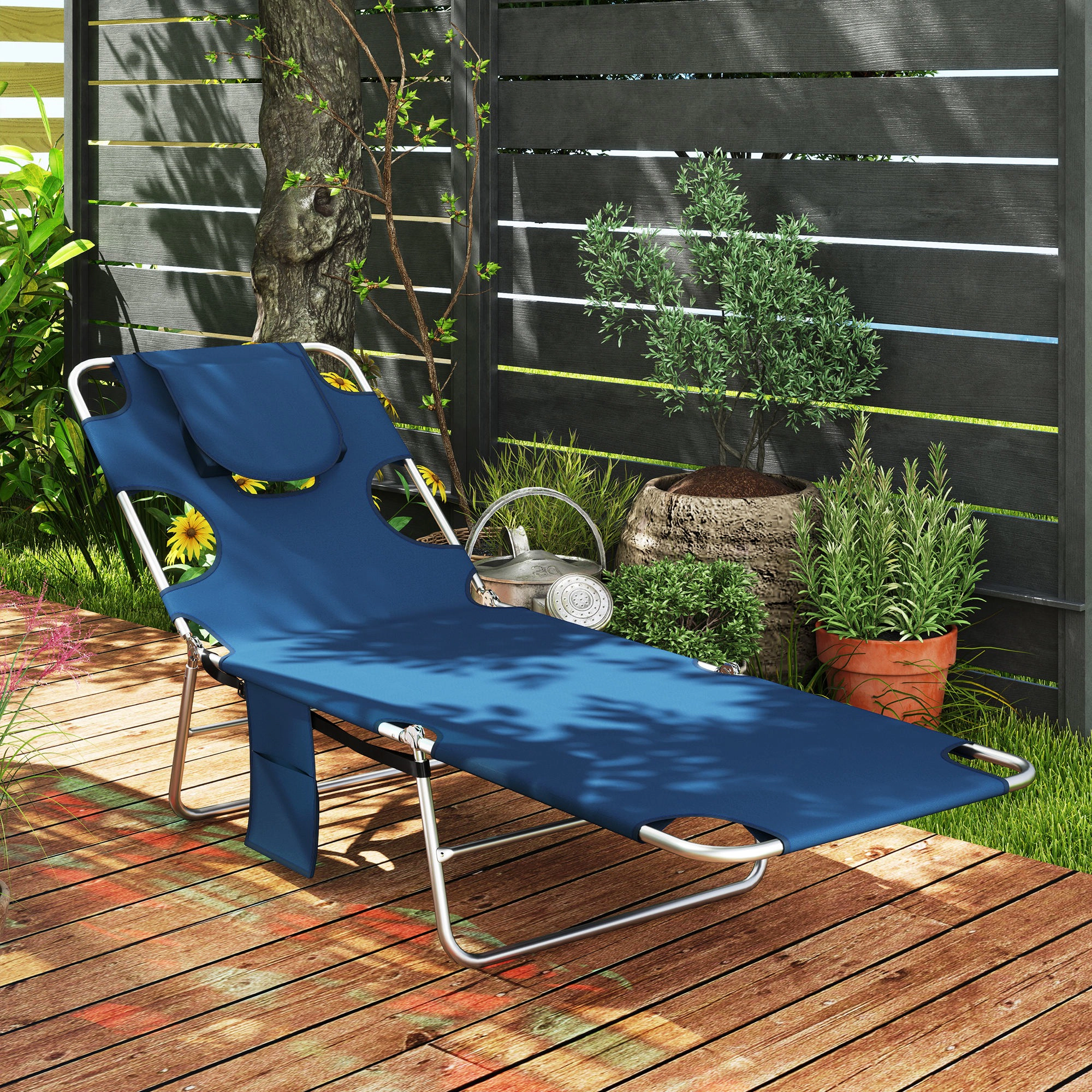 HONGGE Tanning Chair with Face Hole, 5-Level Adjustable Outdoor Chaise Lounge Pillow for Beach, Pool