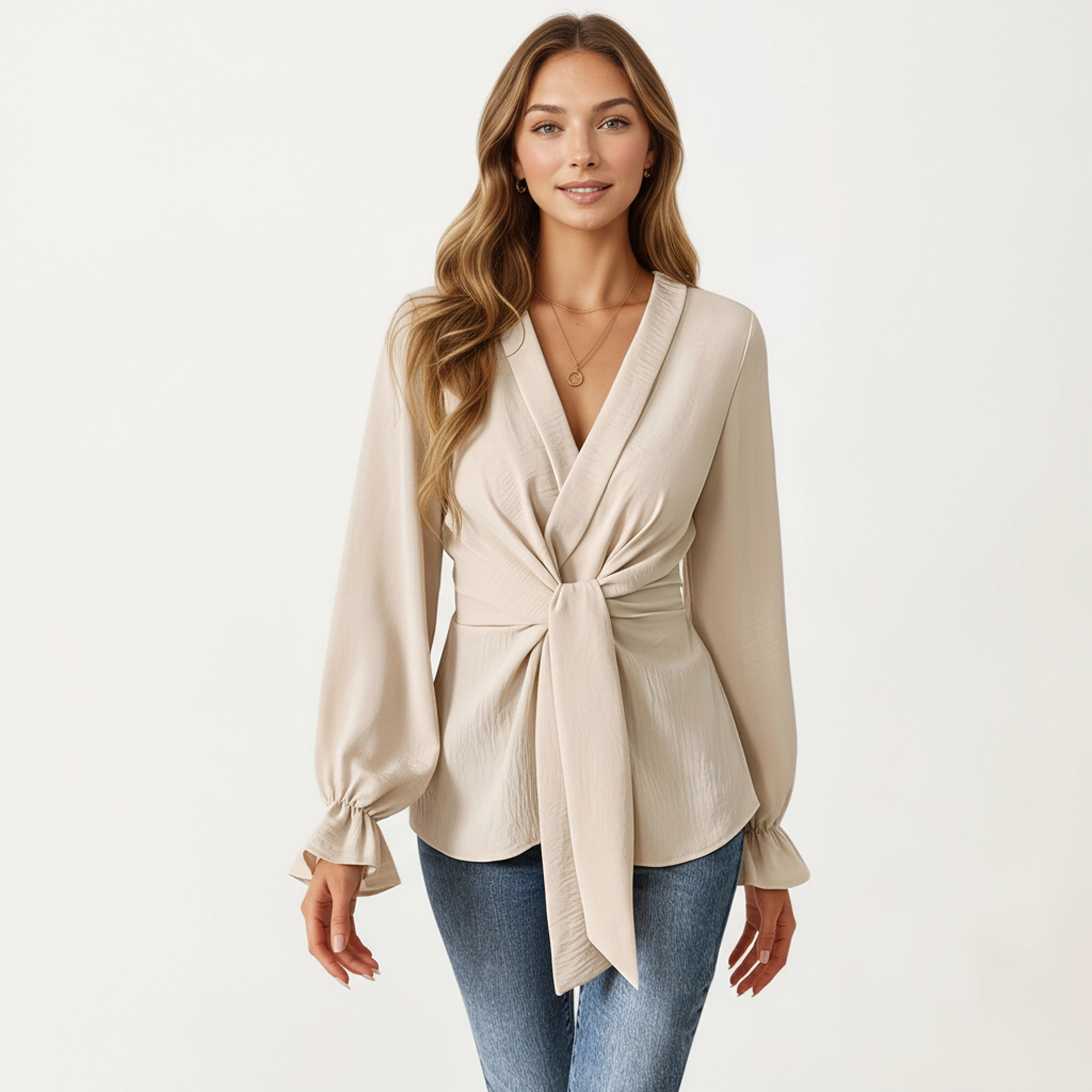 Anna-Kaci Women's Wrap Front V-Neck Waist Tie Long Sleeve Blouse