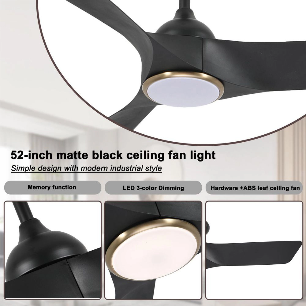 Flynama 52 in. Black Ceiling Fan with Light, Quiet DC Motor, 6-Speed Remote Control, 3 ABS Blades, Indoor
