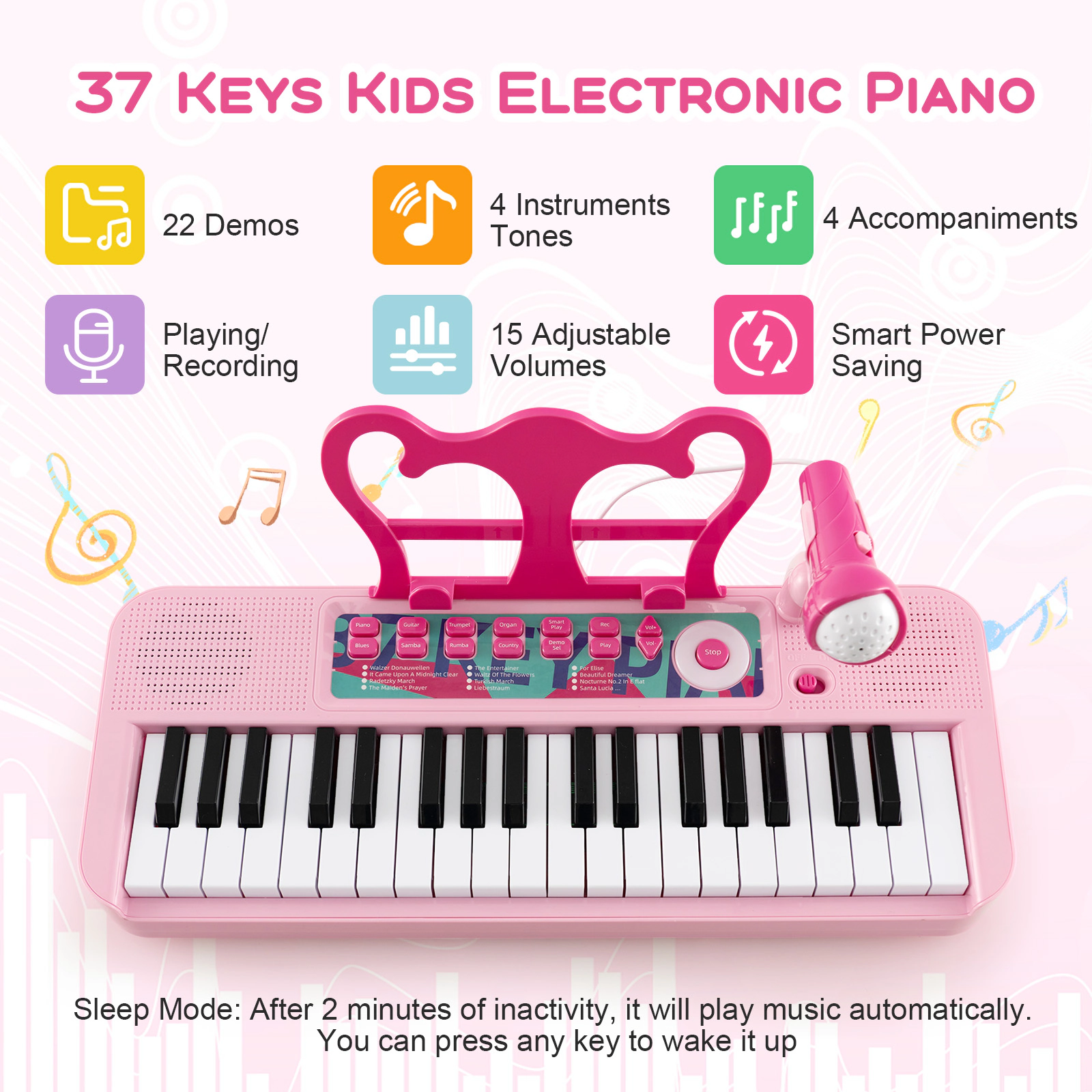 SUGIFT Pink 37-Key Kids Piano Keyboard with Adjustable Microphone Detachable Legs Stool and Music Stand