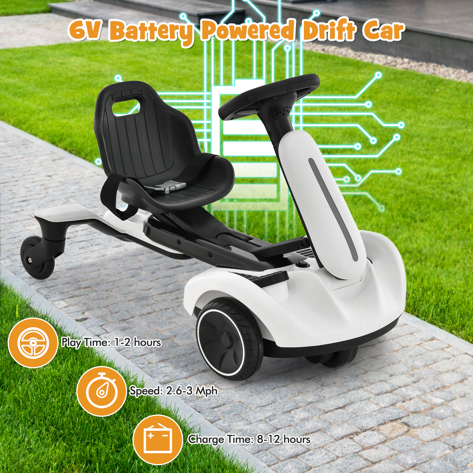 SUGIFT Kids White 6V Ride On Drift Car with 360-Degree Spin and 2 Heights 33.5-in W 21.5-in H 55-lb Seat Capacity