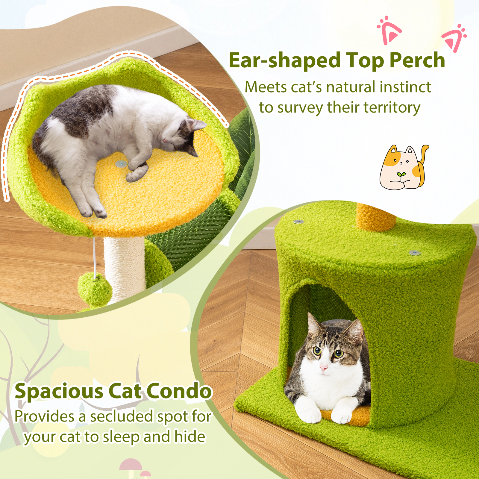SUGIFT Green Palm Cat Tree for Indoor Cats with Artificial Leaves and Self-Groomer