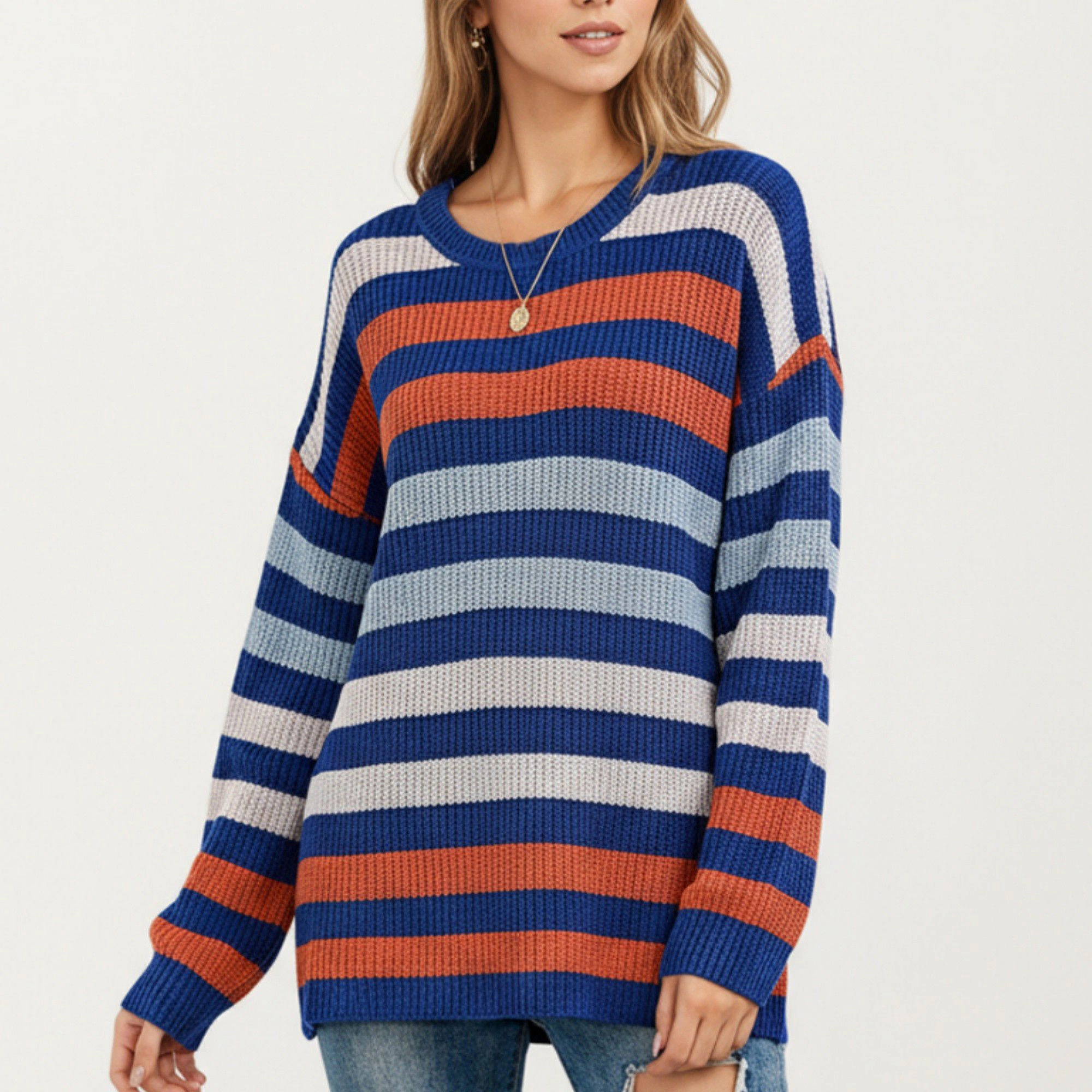 Anna-Kaci Women's Wide Striped Crew Neck Relaxed Fit Long Sleeve Knit Sweater