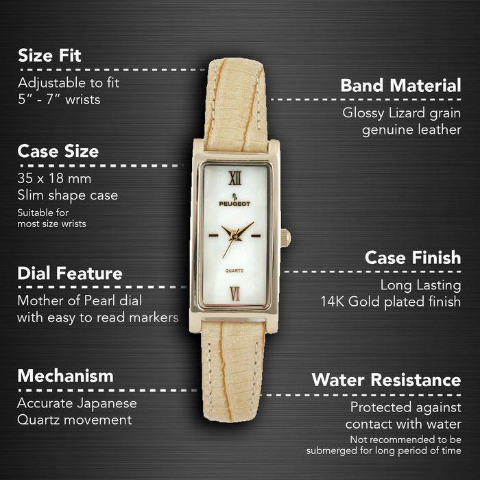 Peugeot Women 35x18mm Rectangular Watch Glossy Tan Leather Strap