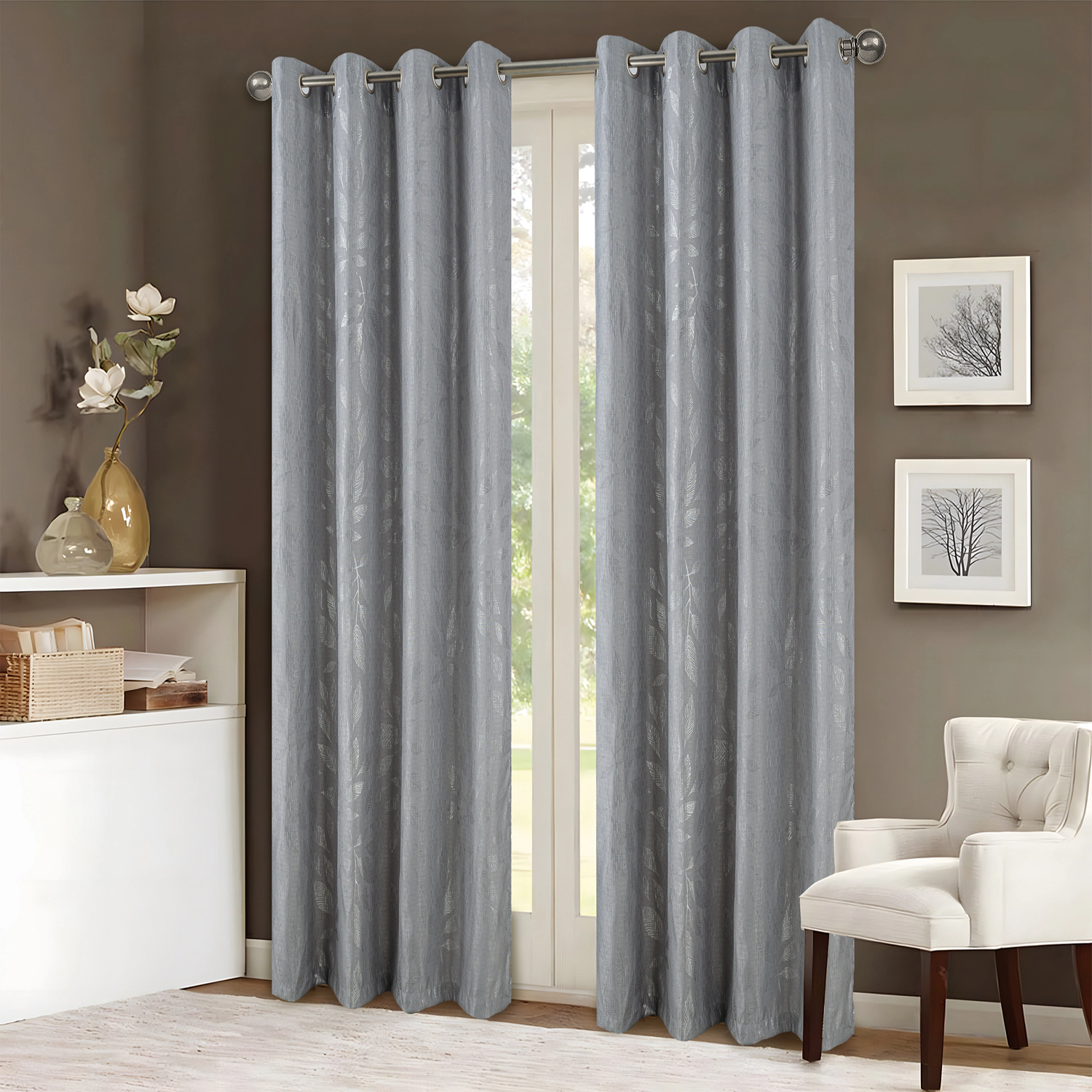 RT Designers Collection Bexley Foil Jacquard Polyester Window Curtain Grommet Panel 52" x 84" Grey