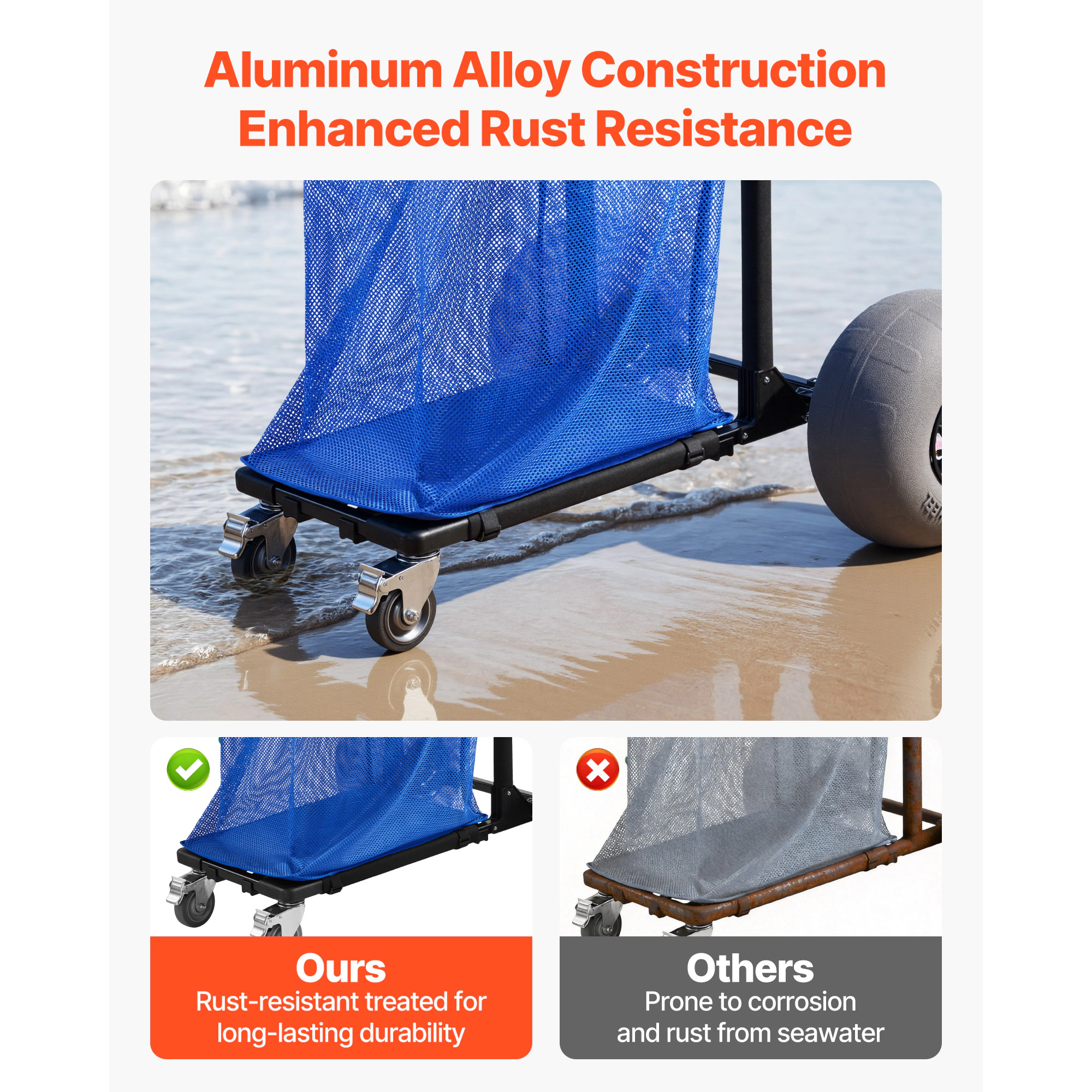 HONGGE Heavy Duty Folding Sand Cart with 12" Balloon Wheels for Beach Camping, 165 lbs Load Capacity