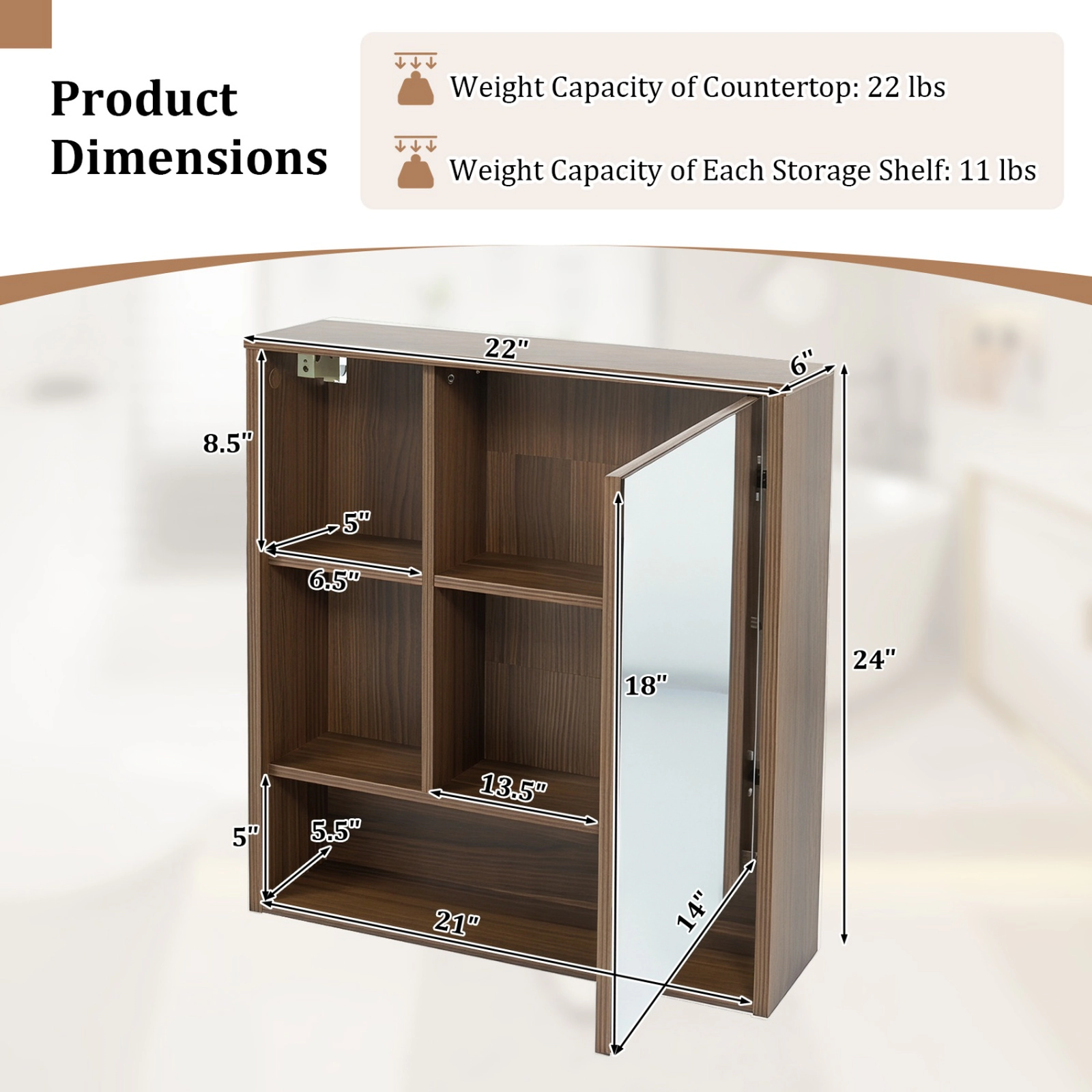SUGIFT Walnut 22-lb Countertop Capacity Wall Mounted Mirror Cabinet with 2 Hidden Shelves and 3 Open Compartments