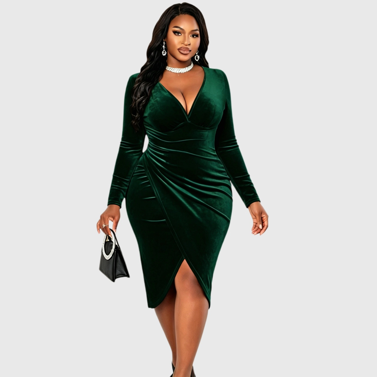 YesFashion Womens Plus Velvet Dresses Casual V Neck Long Sleeve Ruched Bodycon Cocktail Party Dress