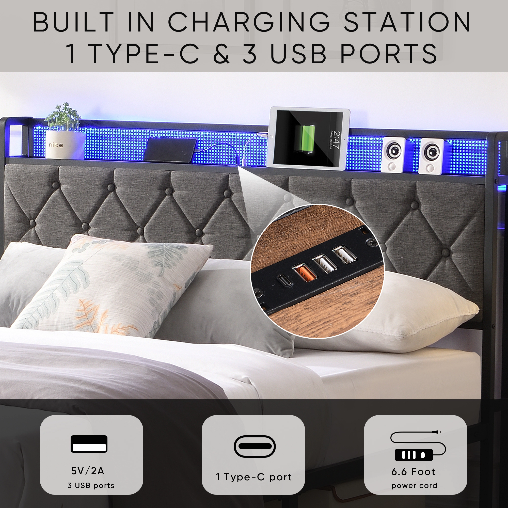 Flynama Full Upholstered Storage Bed with LED Headboard & Charging Station, Dark Gray