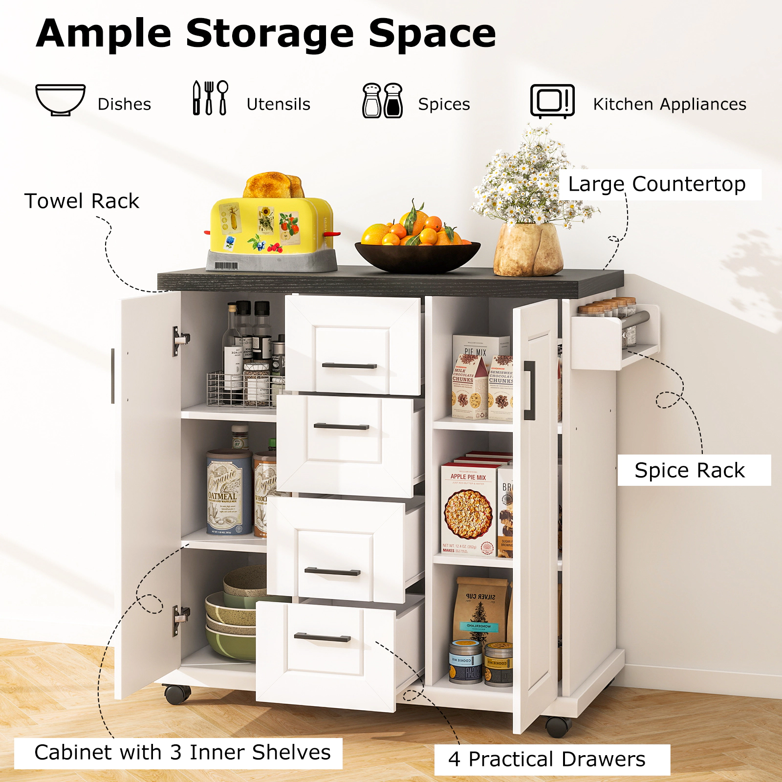 SUGIFT Rolling Kitchen Island White with 4 Drawers 2 Cabinets Spice Rack and Towel Rack