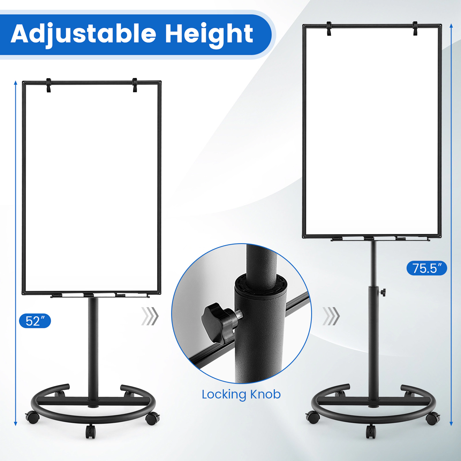 SUGIFT Height-Adjustable Mobile Whiteboard with Round Stand Magnetic Dry Erase Board Black Green White