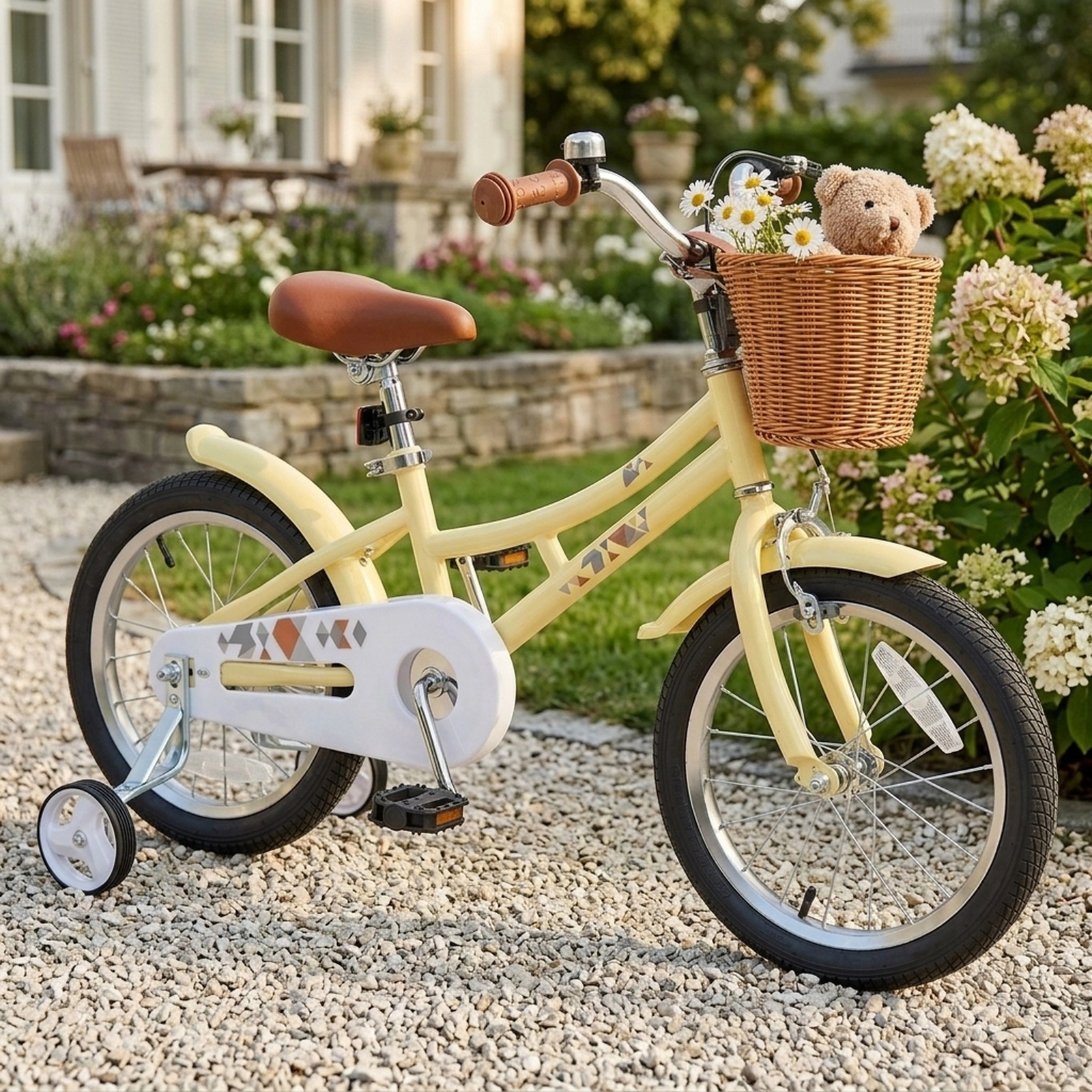 16-in Kids Bike Training Wheels Adjustable Seat Handbrake Coaster Brake Bicycle Basket Bell Reflectors Ages 4-7 Yellow