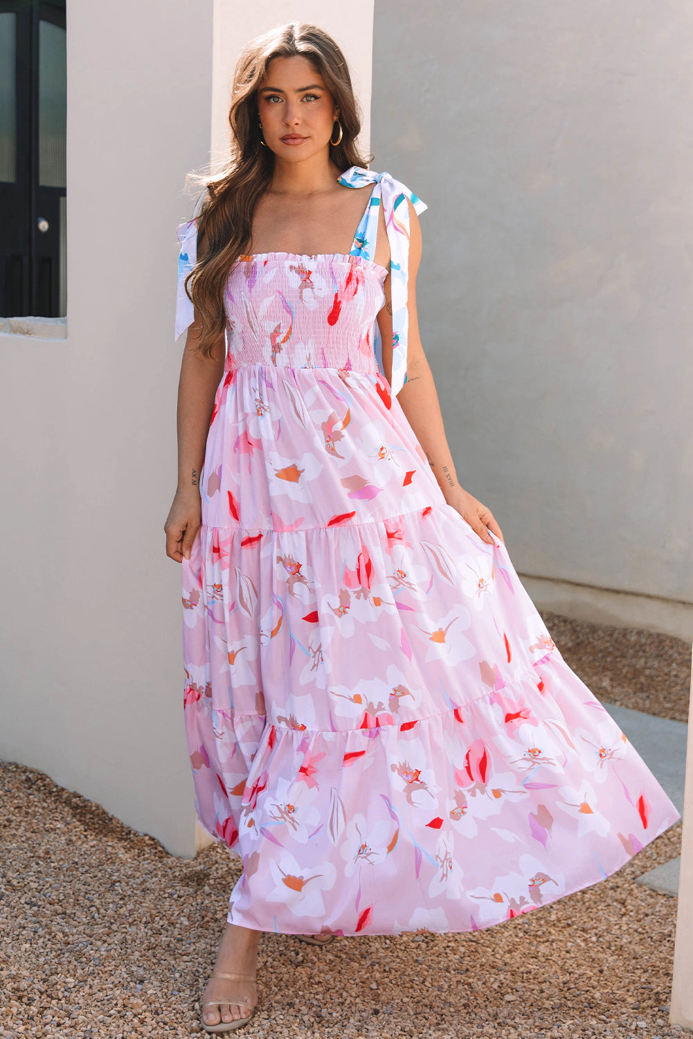 Threaded Pear Women's Flora Floral Knotted Shoulder Smocked Maxi Dress