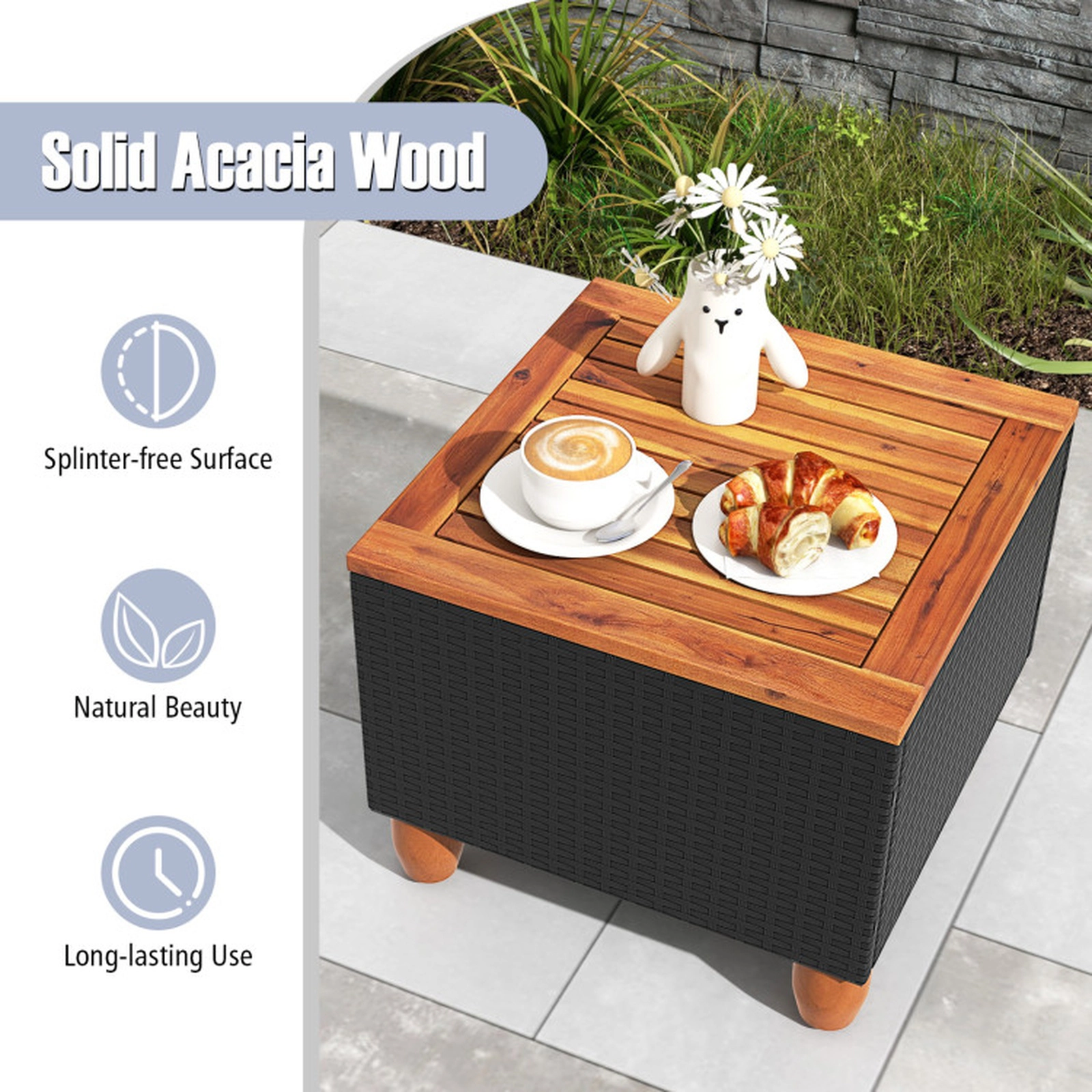 SUGIFT Black Acacia Wood Table and Hidden Storage 3-Piece Outdoor Rattan Sofa Set