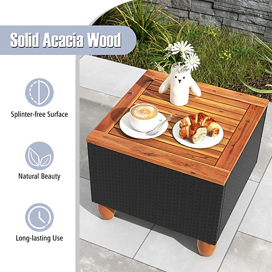 SUGIFT 3-Piece Black Patio Furniture Set with Rattan Sofas and Hidden Storage Acacia Table 400-lb Per Chair