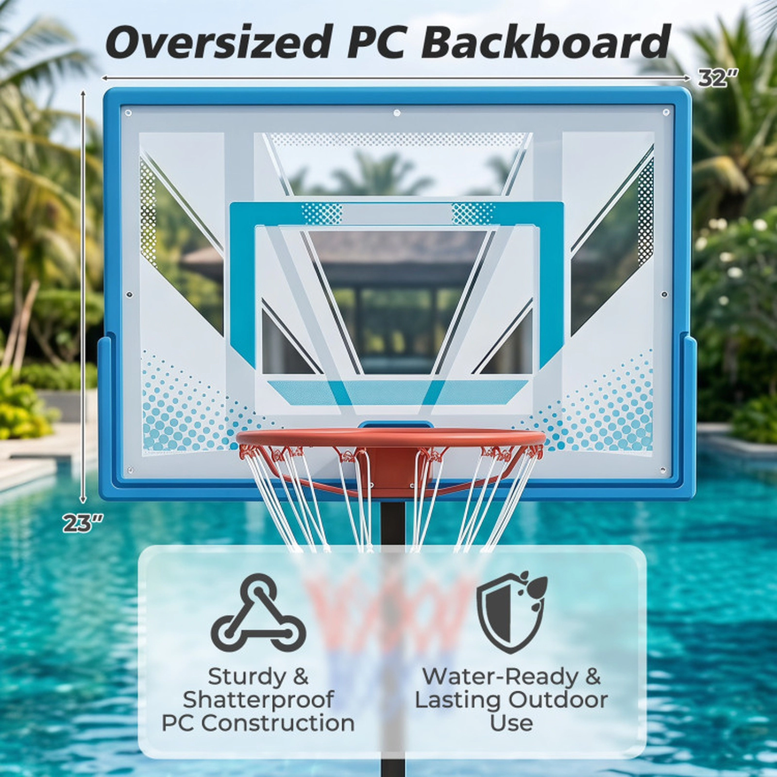 SUGIFT 3-Level Pool Basketball Hoop with Oversized 32.5-in Backboard and Weighted Base Blue + Black + White + Red