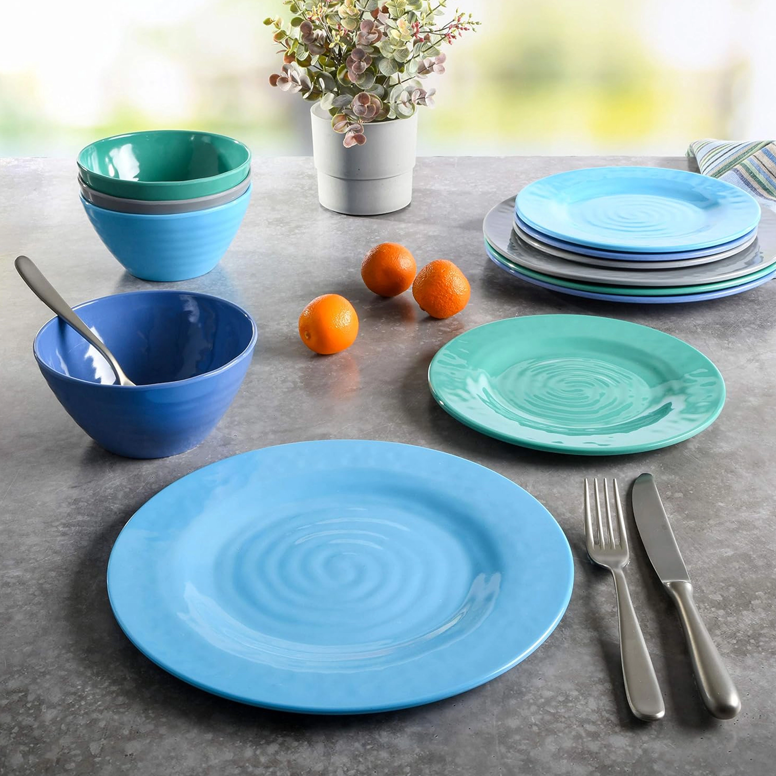 Gibson Home Brela 12 Piece Round Melamine Dinnerware Set in Assorted Blue