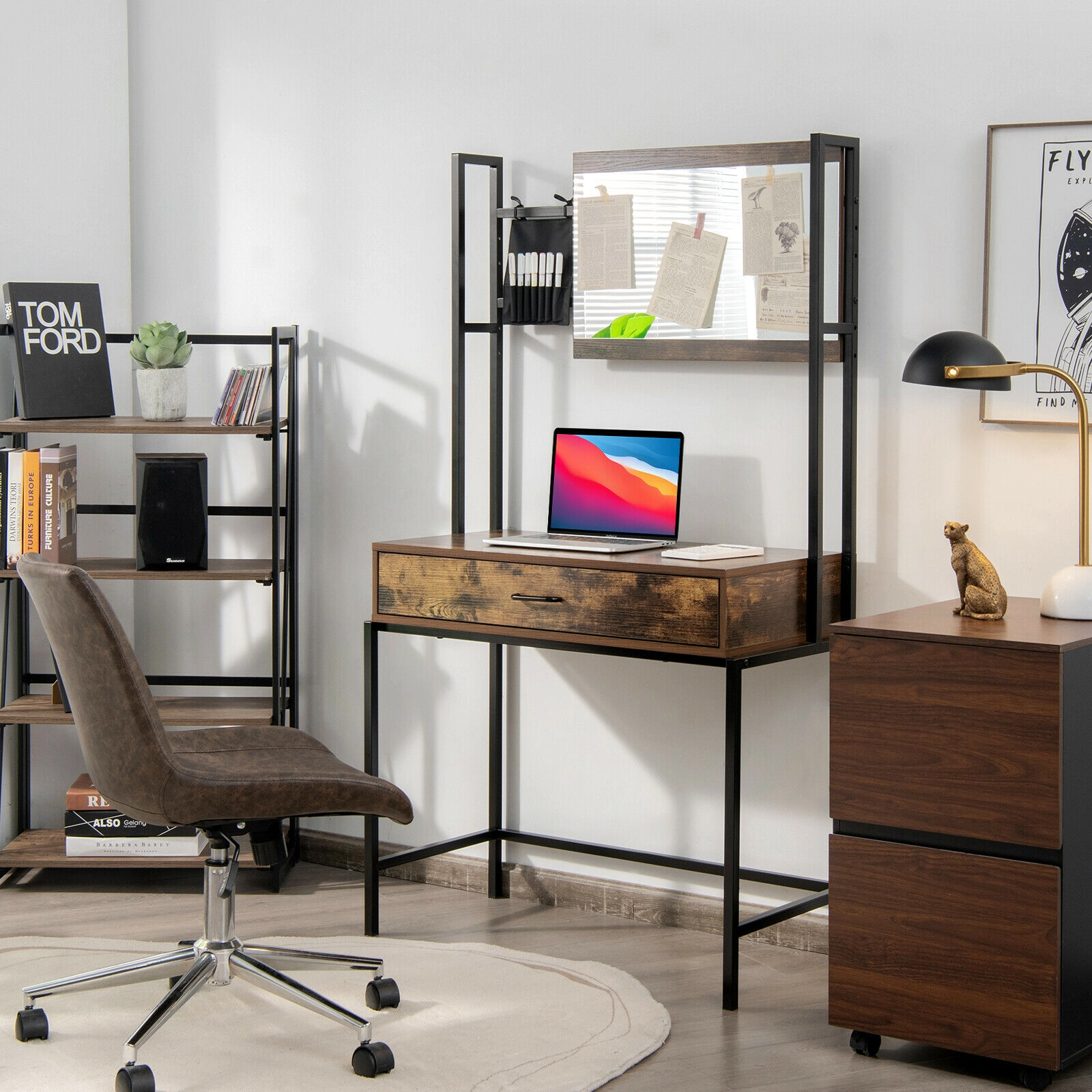 SUGIFT Industrial Vanity Table Brown with 3-Height Adjustable Mirror and Metal Frame