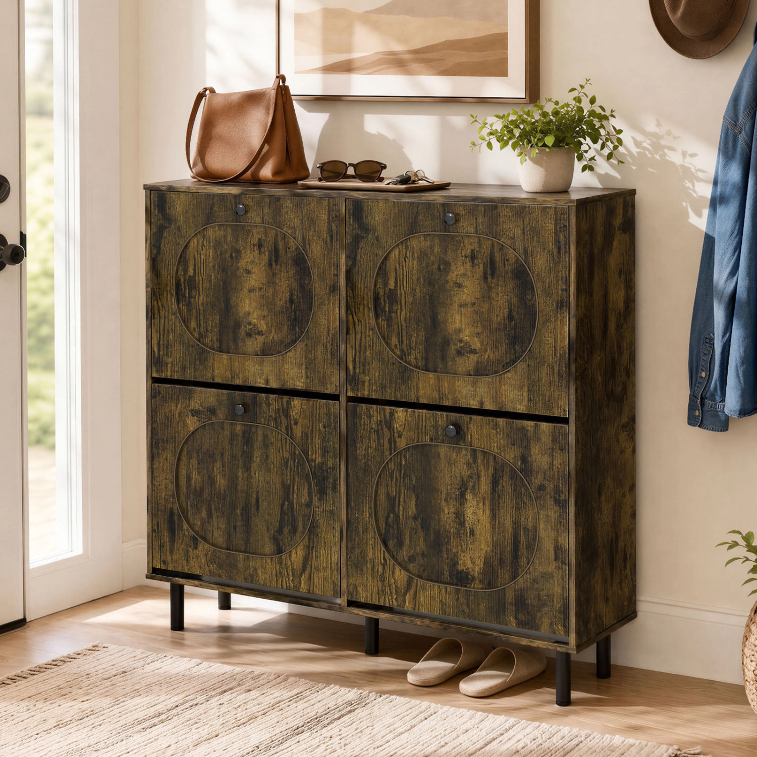 LJG Shoe Storage Cabinet with 4 Flip Drawers and Aluminum Legs