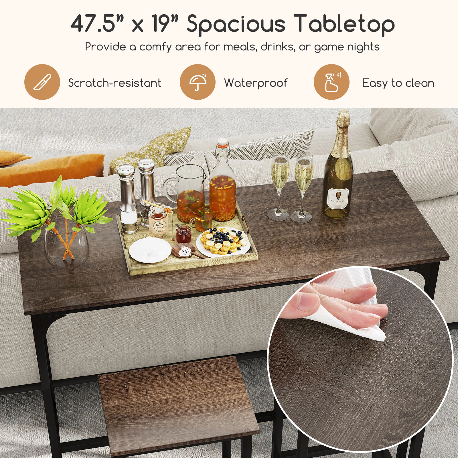 SUGIFT 3 Piece Counter Height Dining Set Gray 47.5 in Table with 2 Bar Stools