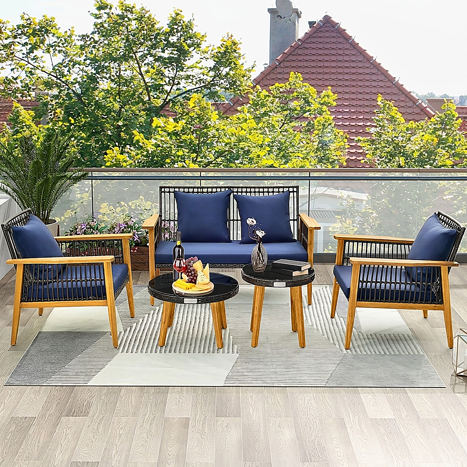 SUGIFT 5-Piece Navy Outdoor Patio Conversation Set with Loveseat, Chairs and Glass Tables