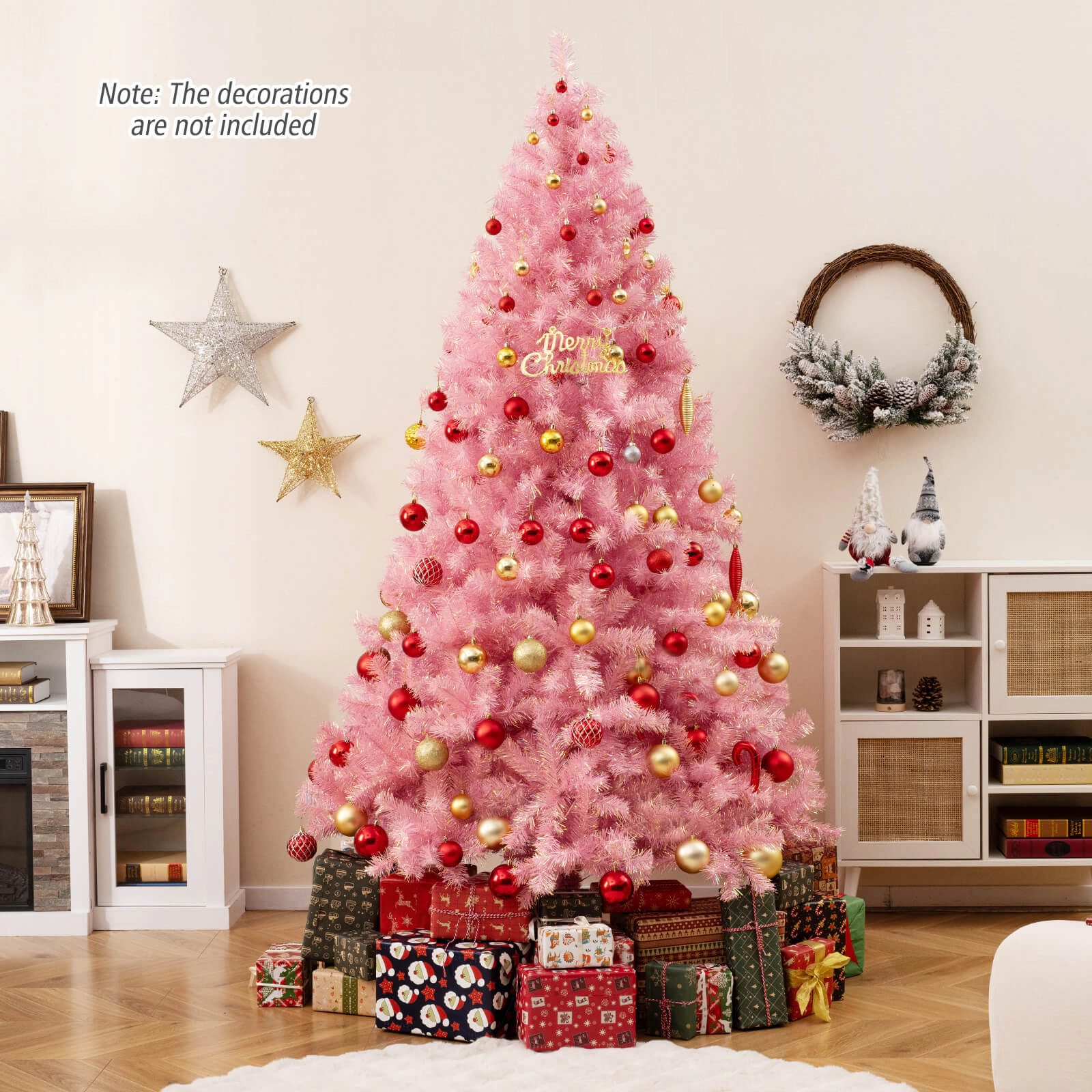 SUGIFT 7.5 ft Pink Pre-Lit Tinsel Christmas Tree with 1300 Branch Tips and 550 LED Lights