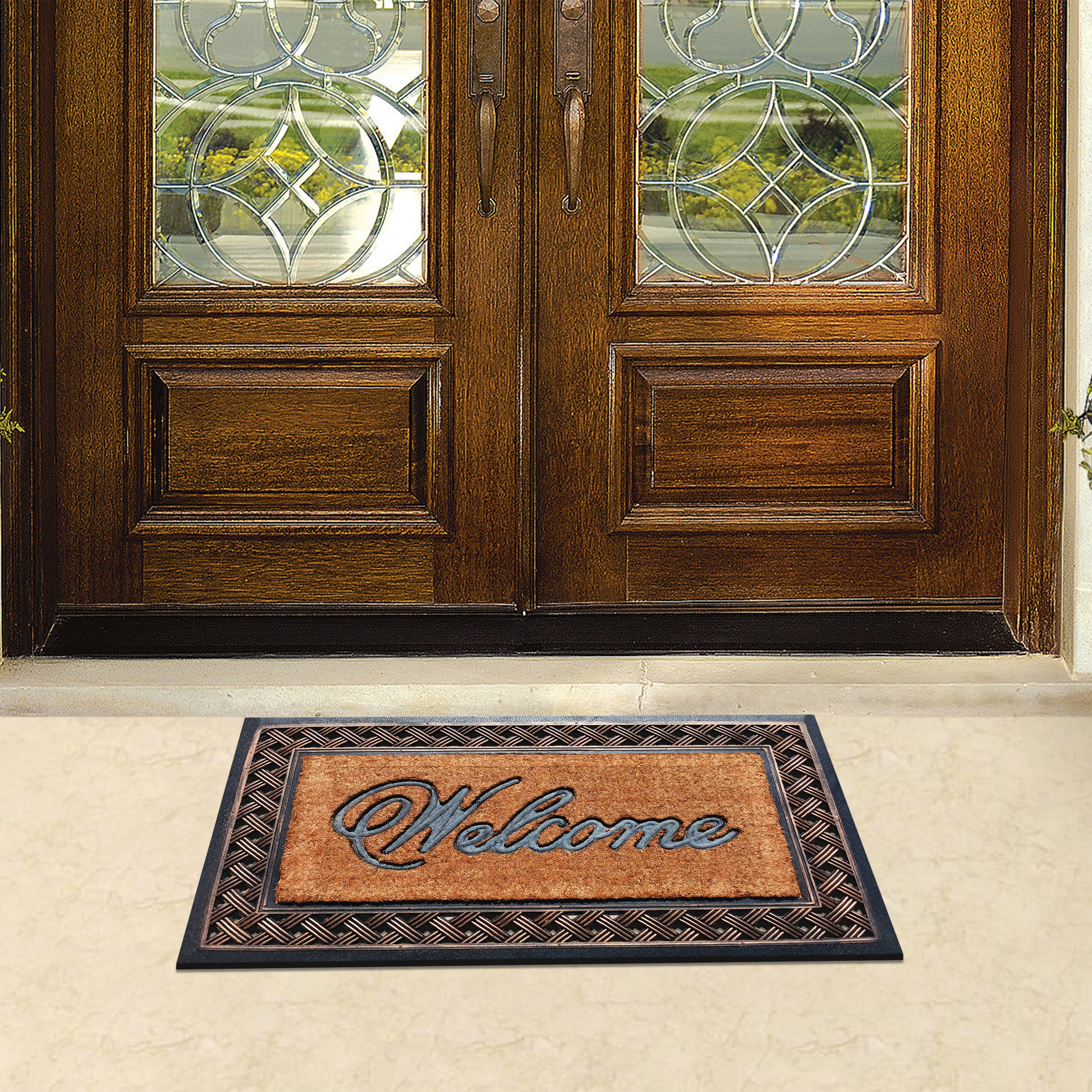 A1 Home Collections Coir and Rubber Door Mat 38x23 Inches Anti-Shed Heavy Duty Non-Slip Check Border