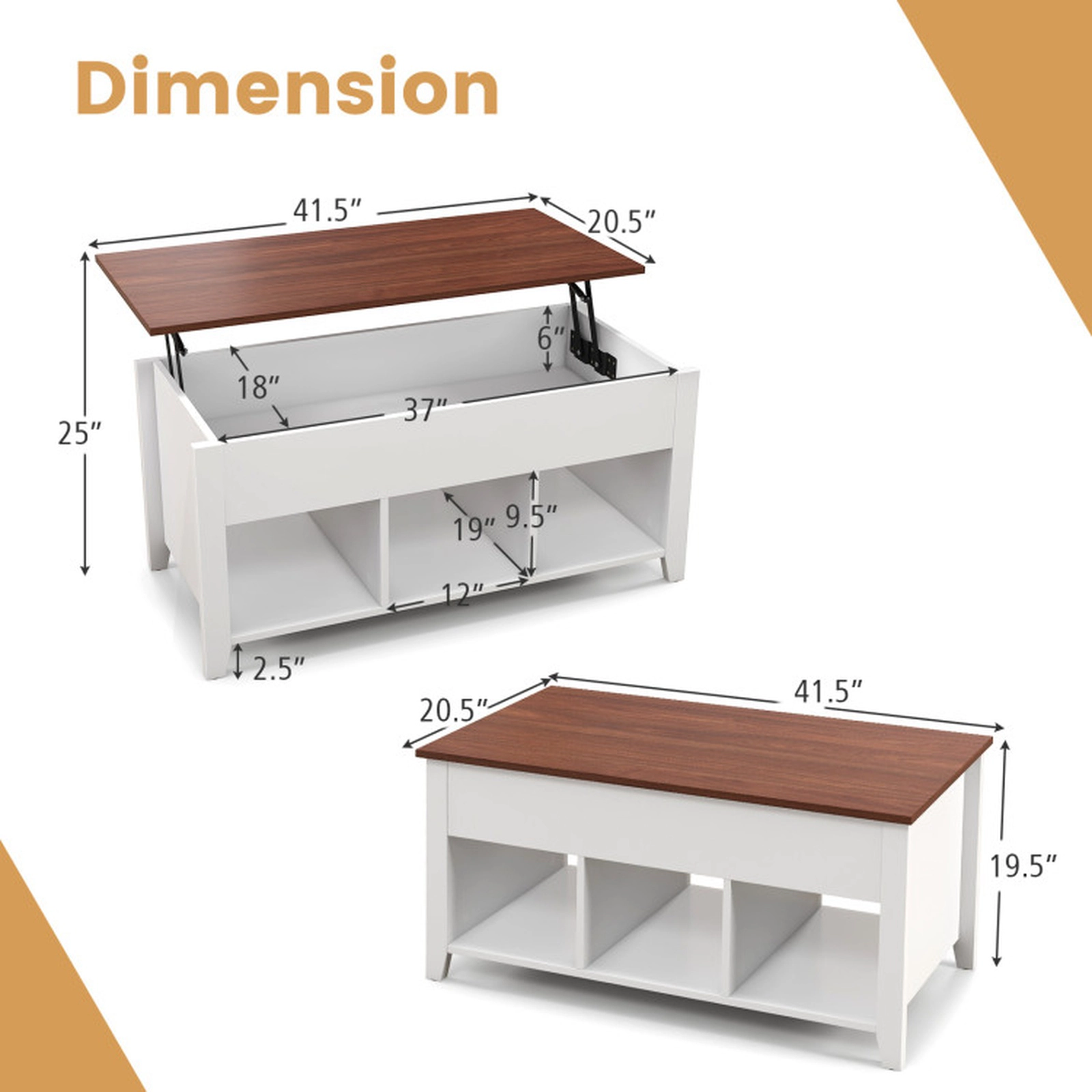 SUGIFT Lift Top Hidden Storage Compartment 3 Open Shelves Coffee Table 41-in x 19.5-in 19-in to 24.5-in Tall White