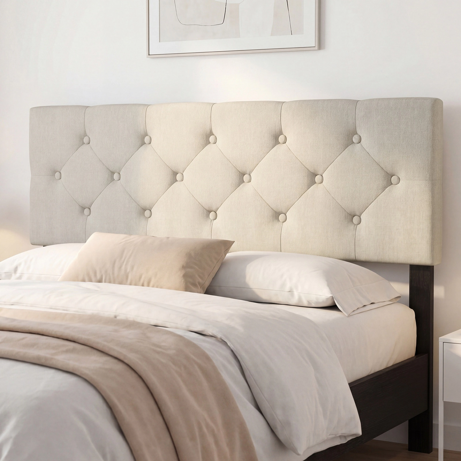 SUGIFT Button-Tufted Upholstered Headboard, Beige Faux Linen, Full/Queen, Adjustable Leg Width