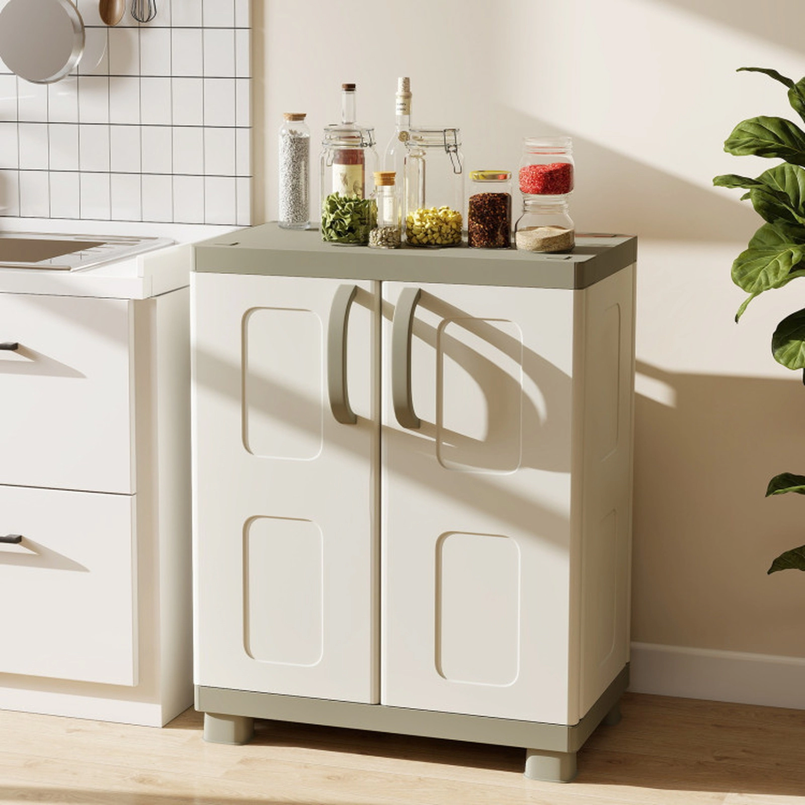 SUGIFT 2-Door Waterproof Snap Together Freestanding Sideboard Cabinet 29-in x 19-in x 37-in 55-lb per Shelf Beige
