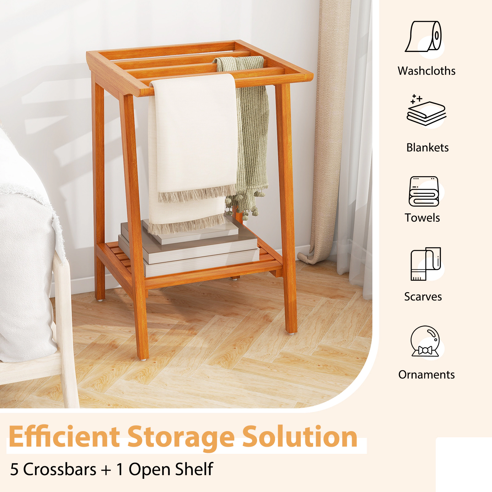 SUGIFT Teak Wood Towel Rack, 5 Crossbars, Open Shelf, 44-lb Capacity